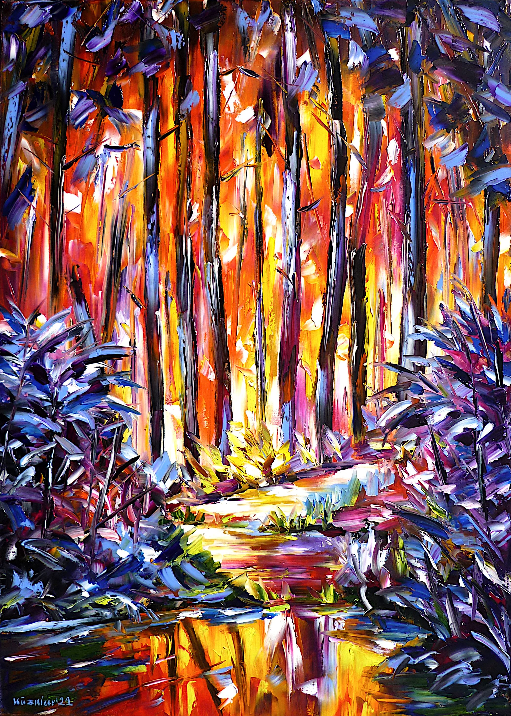 Brook in the forest,creek in the forest,stream in the forest,forest river,river in the forest,forest landscape,forest painting,forest picture,forest abstract,fantasy forest,fairytale forest,ray of light,trees in the sunlight,abstract landscape,landscape painting,brook painting,red forest,red yellow blue,forest love,colorful forest,luminous forest,luminous rays through trees,portrait format,living forest,luminous painting,luminous picture,forest trees,forest beauty,palette knife oil painting,modern art,impressionism,expressionism,abstract painting,lively colors,colorful painting,bright colors,light reflections,impasto painting,figurative