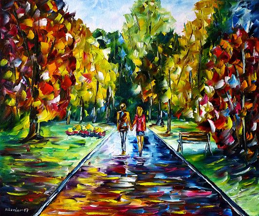 oilpainting, impressionism, autumn, autumnlandscape, lovecouple, handinhand, walking