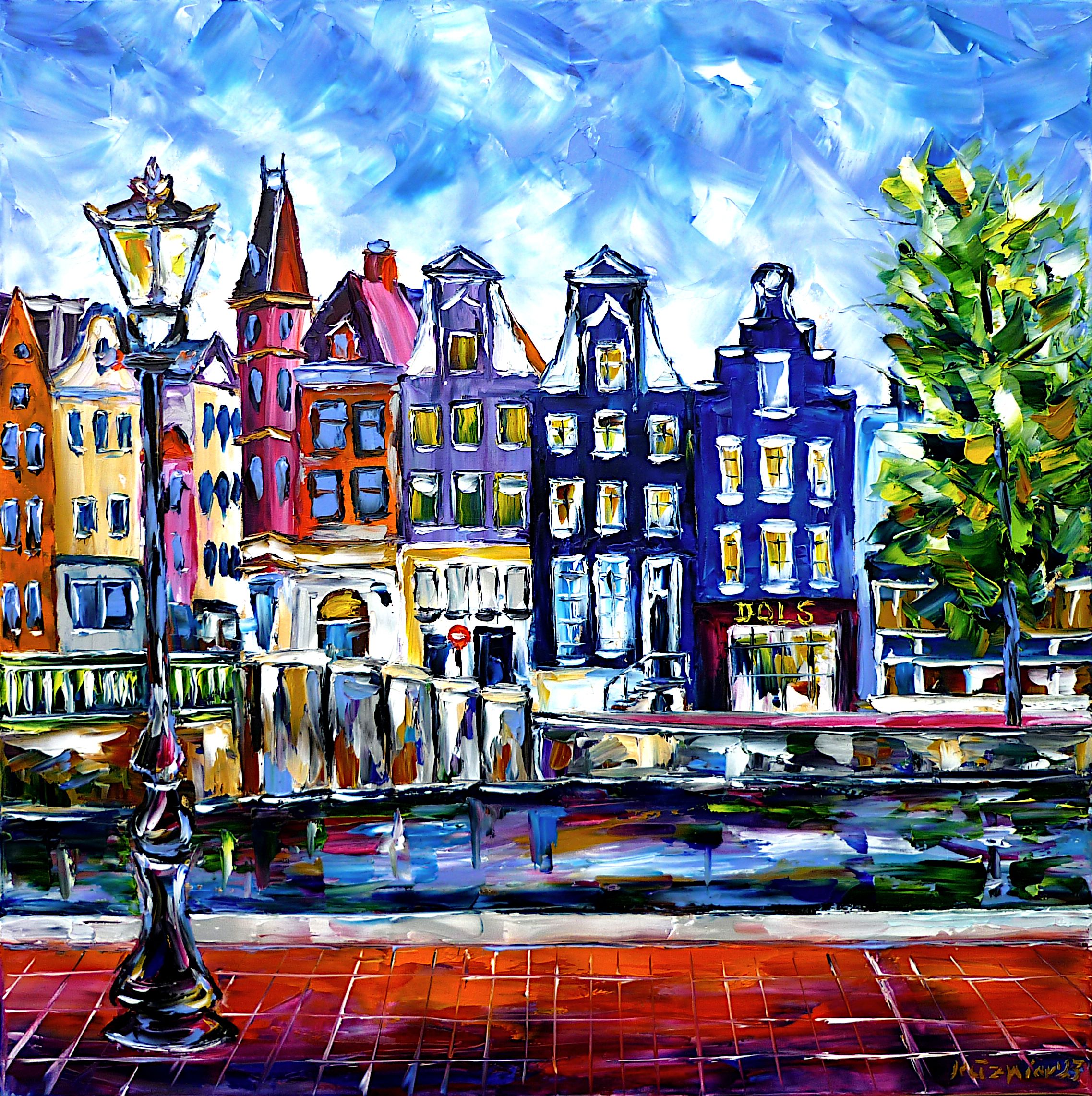 amsterdam bild,amsterdam gemälde,häuser von amsterdam,am flussufer,straßenlaterne,amsterdam laterne,amsterdam kanalufer,amsterdam wasserkanal,amsterdam grachten,amsterdam fluss,amsterdam brücke,buntes amsterdam,altes amsterdam,bunte häuser,amsterdam schönheit,schönes amsterdam,amsterdam liebe,amsterdam liebhaber,ich liebe amsterdam,schöne stadt,holland,niederlande,quadratisch,quadratisches format,quadratisches bild,Spachtel Ölgemälde,ölbild,ölmalerei,spachtelmalerei,spachteltechnik,moderne Kunst,expressionismus,figurativ,figurative malerei,zeitgenössische malerei,abstrakte Malerei,lebendige Farben,bunte Malerei,helle Farben,impasto Malerei