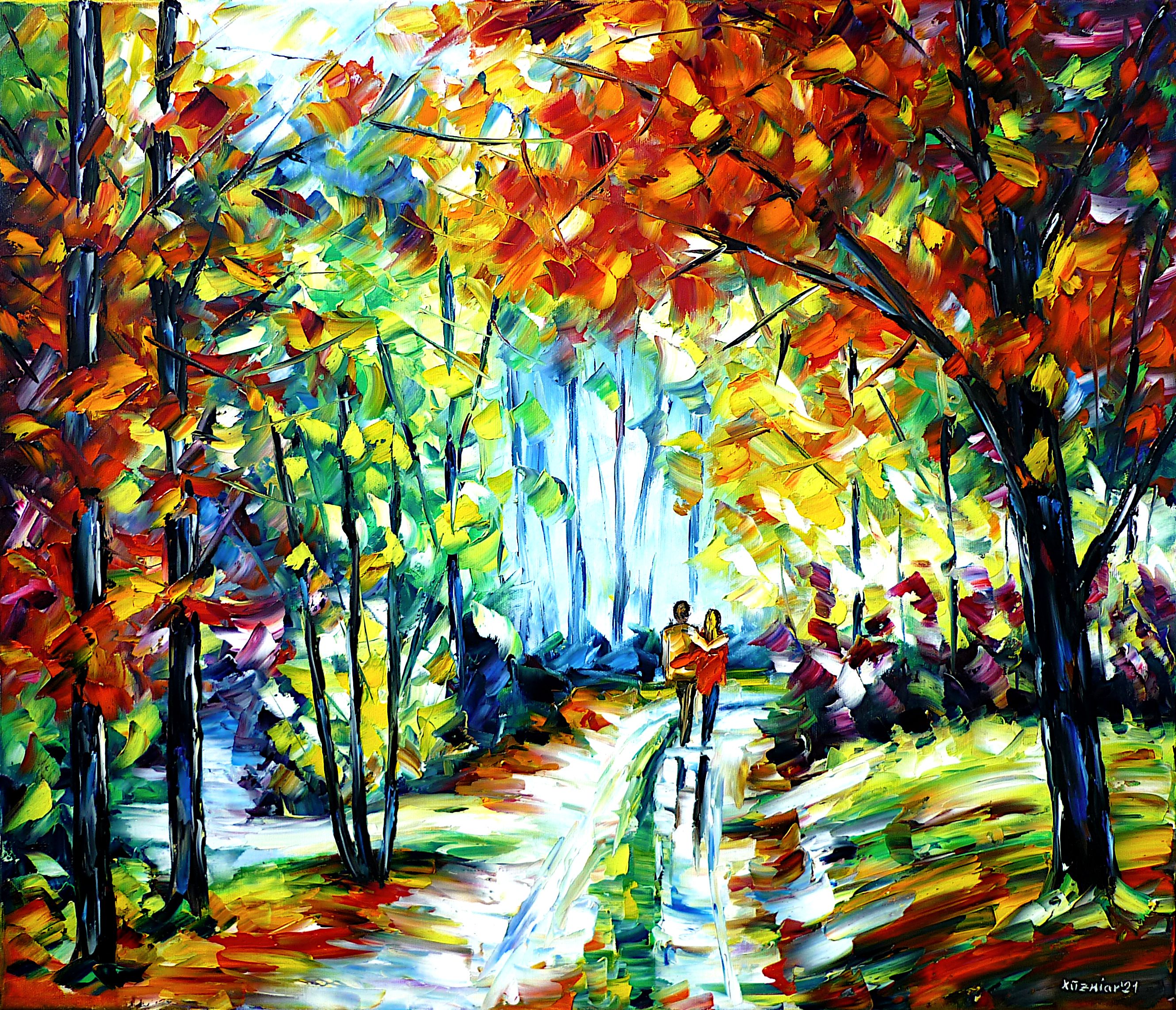 autumn walk,love couple in autumn,couple in love,autumn landscape,autumn trees,autumn road,autumn path,walking in autumn,autumn romance,autumn mood,autumn colors,romantic scene,romantic picture,love and romance,people in autumn,autumn forest, colorful autumn, autumn painting, autumn picture, autumn love, people in love,joy,friendly picture,friendly painting,peace,peaceful picture,peaceful painting,palette knife oil painting,modernart,impressionism,expressionism,figurative,abstract painting,lively colours,colorful painting,bright colors,light reflections,impasto painting,living room art,living room picture,living room painting