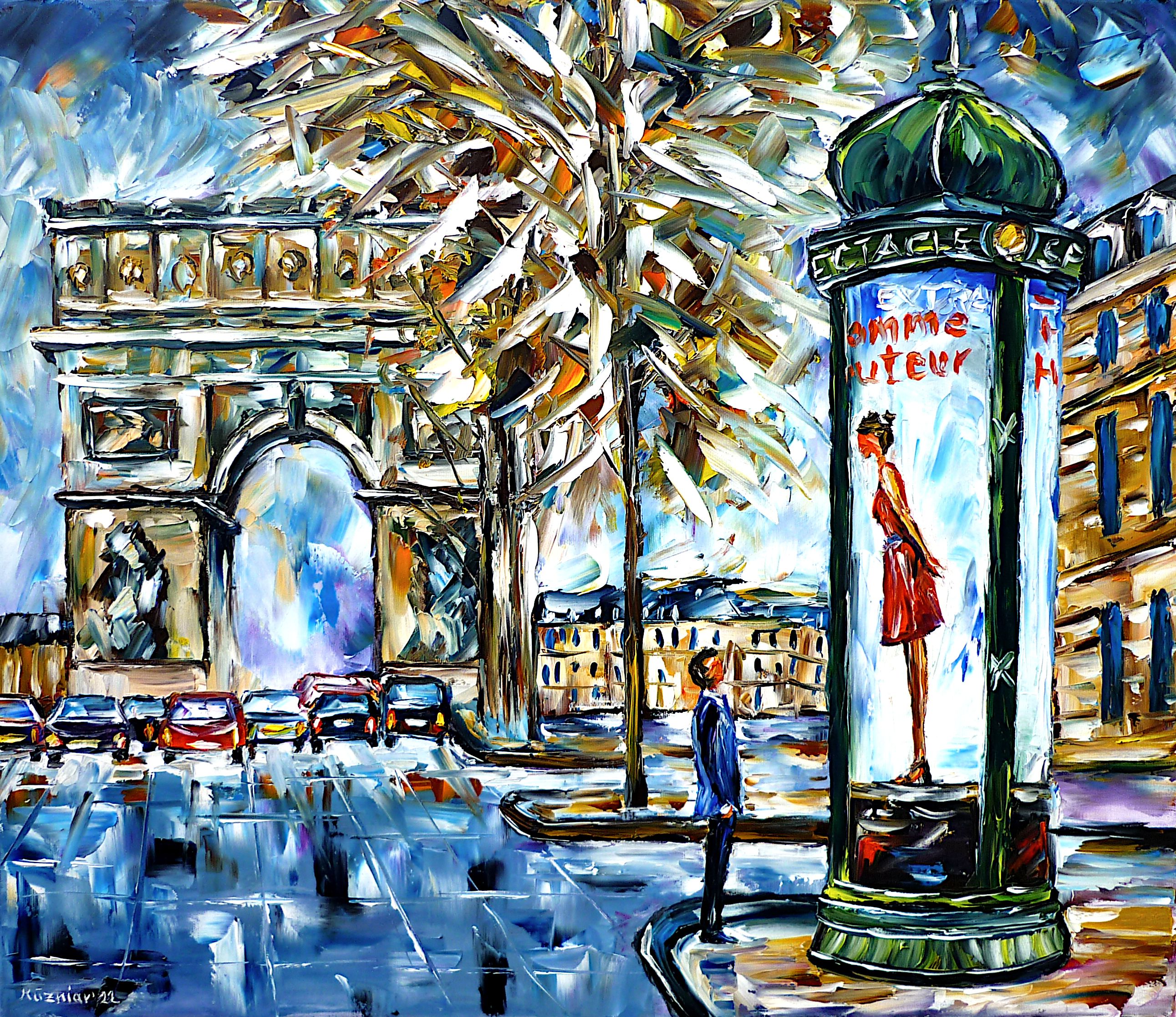 paris arc de triomphe painting,paris monument,place Charles-de-Gaulle,Champs-Élysées,paris triumphal arch,streets of paris,paris cars,paris road traffic,paris abstract,paris advertising pillar,man in front of advertising pillar,advertising pillar poster,advertising pillar advertisement,advertising pillar advertising,trees abstract,paris beauty,man looking up,woman looking down,woman in advertisement,paris cityscape,paris painting,beautiful paris,paris city scene,landmark of paris,paris love,paris lovers,i love paris,city of love,palette knife oil painting,modern art,impressionism,abstract painting,lively colours,colorful painting,bright colors,light reflections,impasto painting,figurative