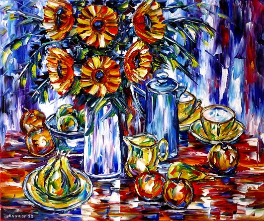 stilllifepainting,flowerpainting,yellowflowers,redflowers,flowersinvase,fruitstilllife,fruitpainting,applespainting,pearsinbowl,applesandpears,fruitsinbowl,applesinbowl,fruitsonthetable,coffeepot,teaonthetable,teapot,fruitbowlpainting,fruitbreakfast,flowerbouquet,breakfastandflowers,bluecolours,bluepainting,redcolours,redpainting,paletteknifeoilpainting,modernart,impressionism,artdeco,abstractpainting,livelypainting,colorfulpainting,livelycolours,brightcolors,lightreflections,impasto