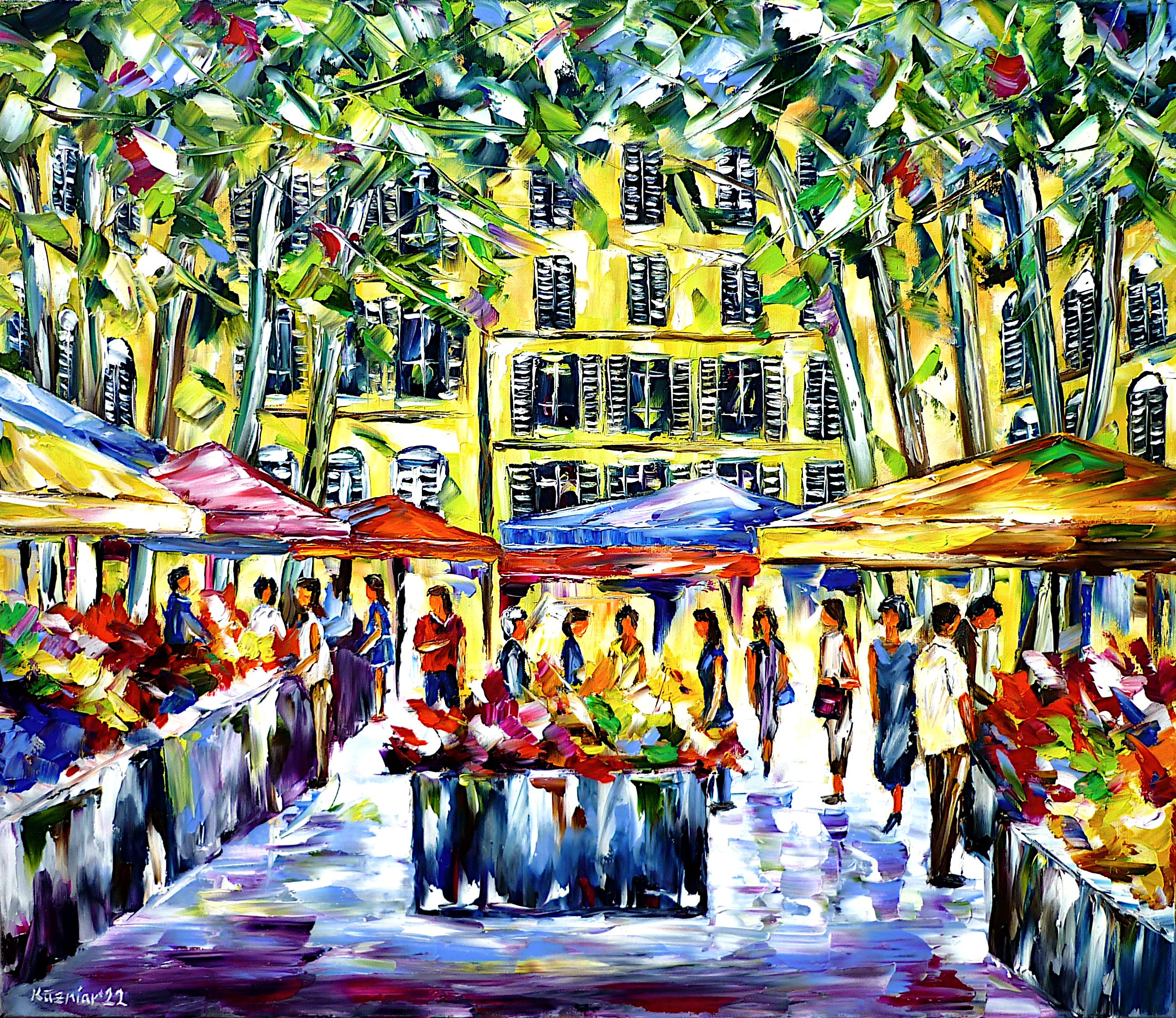 markt in Aix-en-Provence,marktszene,menschen auf dem markt,marktstand,marktstände,marktleben,marktplatz,menschen schlendern,marktmenschen,marktbild,marktgemälde,Marktbummel,Stadtbummel,bummeln,flohmarkt,blumenmarkt,blumenstand,große sonnenschirme,markt in der stadt,markttag,bunter markt,marktliebe,marktbesucher,marktgänger,markt in der provence,provence stadtbild,Altstadt von Aix,Aix-en-Provence,frankreich,südfrankreich,provence,Côte d‘Azur,sommer in der provence,farben der provence,sommer in südfrankreich,menschen im sommer,sommergefühle,sommerbild,sommergemälde,sommerszenerie,schöne provence,sommertag,sonnenlicht,sommerzeit,unter den bäumen,provence schönheit,provenceliebe,provence liebhaber,frankreichliebe,Spachtel Ölgemälde,ölmalerei,spachtelmalerei,spachteltechnik,moderne Kunst,Impressionismus,expressionismus,abstrakte Malerei,lebendige Farben,bunte Malerei,helle Farben,Lichtreflexe,impasto Malerei,figurativ