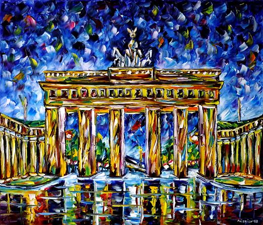 oilpainting,modern,impressionism,berlin,intheevening,atnight,unterdenlinden,tiergarten,quadriga,triumphalgate,landmark,lively,colorful