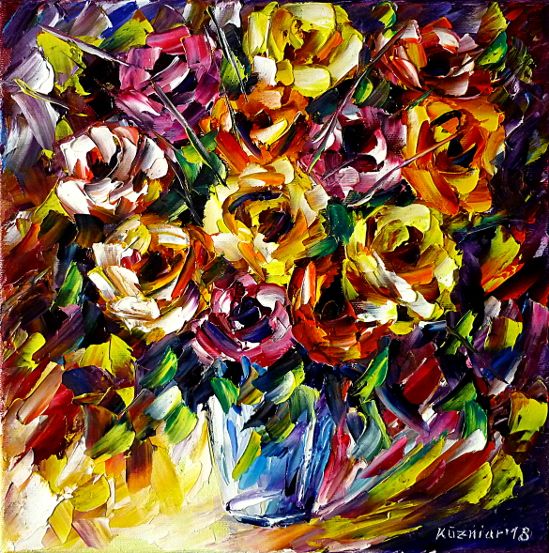 oilpainting,modern,impressionism,abstractpainting,flowerpainting,flowerspainting,floralstilllife,rosespainting,colorfulflowers,springflowers,summerflowers, weddingflowers,glassvase,lively,colorful