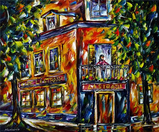 oilpainting, impressionism, restaurant, cityscape, cityscene, woman, balcony