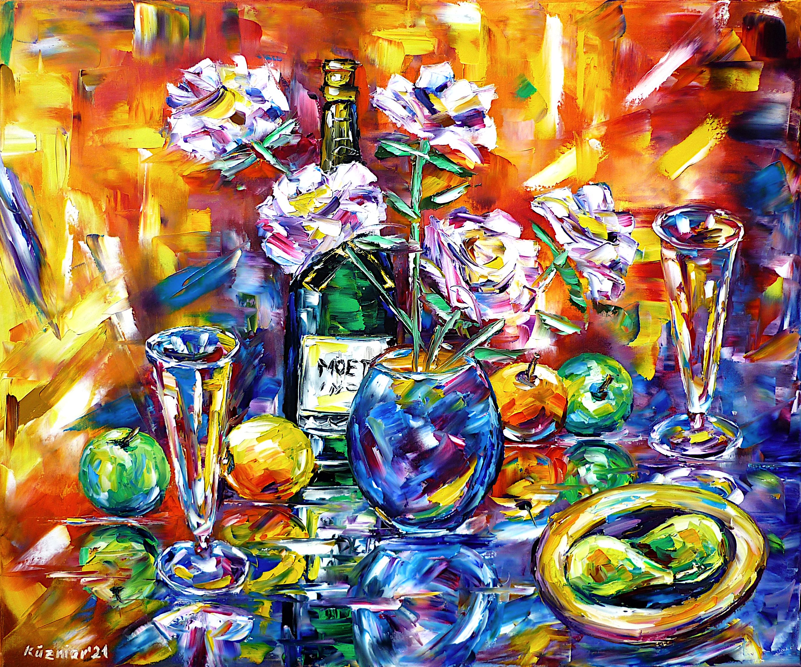 champagne bottle,moet,champagne for breakfast,champagne glasses,alcohol for breakfast,red painting,red colors,champagne on the table,wine bottle,alcohol still life,colorful still life,still life with flowers,still life with fruit,flowers in vase,roses in vase,white roses,bouquet of roses,fruit and flowers,apples,pears,love of roses,roses lovers,I love flowers,I love roses,flower lovers,floristry,still life abstract,flowers abstract,roses abstract,fruit abstract,flower painting,rose painting,flower picture,rose picture,flower fragrance,cheerfulpicture,joy,friendlypicture,friendlypainting,peacefulpicture,peacefulpainting,palette knife oil painting,modernart,impressionism,abstractpainting,livelycolours,colorfulpainting,brightcolors,lightreflections,impastopainting,livingroomart,livingroompicture,livingroompainting