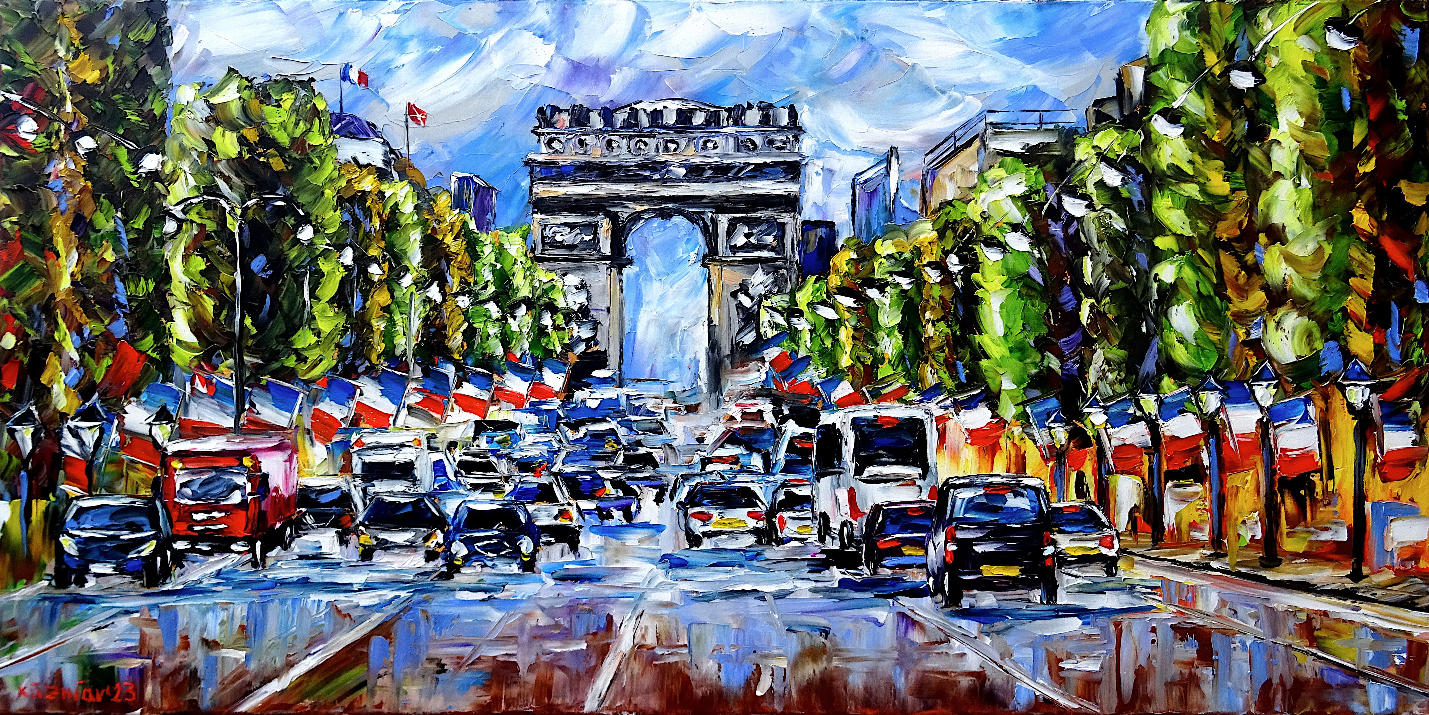 Avenue des Champs Élysées,Les Champs,arc de triomphe,cars on the Champs Élysées,boulevard,french flag,tricolor,Place Charles de Gaulle,Champs Élysées painting,Champs Élysées picture,Champs Élysées art,arc de triomphe painting,arc de triomphe picture,paris love,paris lovers,i love paris,beautiful paris,paris road traffic,paris promenade,place de la concorde,paris triumphal arch,paris cityscape,paris and nature,palette knife oil painting,modern art,figurative art,figurative painting,contemporary painting,abstract painting,lively colors,colorful painting,bright colors,impasto painting