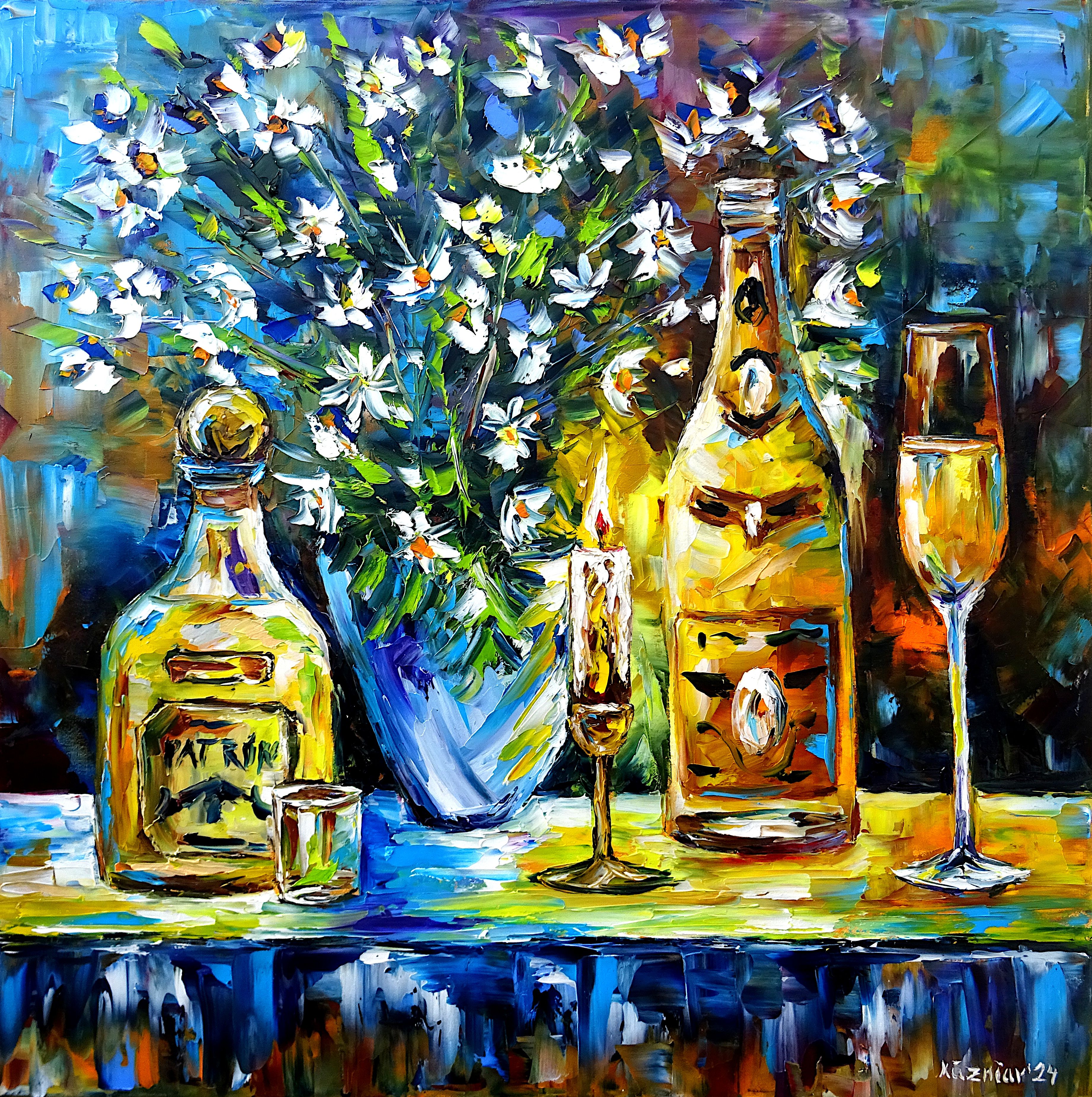 modern still life,spring still life,still life flowers,still life bouquet,field flowers,white flowers,spring flowers,still life with candle,still life with tequila,still life with champagne,tequila and champagne,burning candle,champagne bottle painting,blue yellow white,flowers and bottles,champagne glass,still life abstract,still life expressive,still life square format,still life square painting,still life painting,dining room picture,flowers in vase,square format,square picture,square painting,palette knife oil painting,expressive art,expressive painting,expressionism,lively colors,colorful painting,impasto painting,figurative