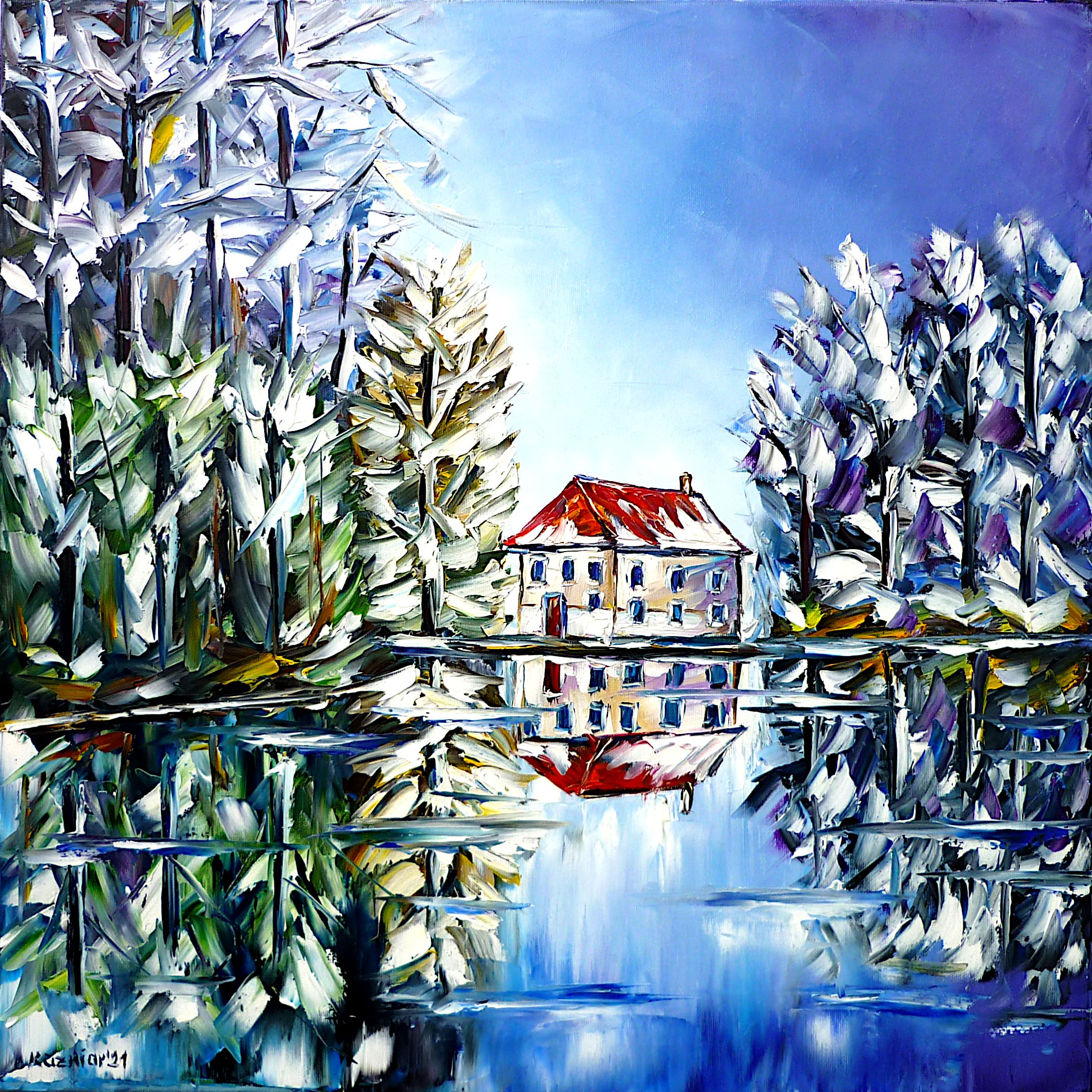 seelandschaft,see im winter,haus im winter,wintersee,rotes hausdach,dunkelblauer himmel,wasserspiegelungen,heller wintertag,landschaftsbild,landschaftsgemälde,weihnachtsstimmung,winterbäume,verschneite landschaft,weiße landschaft,winterlandschaft,winter und schnee,weihnachtsgefühle,winterschönheit,winterhimmel,helle farben,helles gemälde,winterbild,wintergemälde,verschneite bäume,weißer winter,weihnachtszeit,winterliebe,weiße bäume,quadratisches format,quadratisches bild,quadratisches gemälde,Spachtel Ölgemälde,ölmalerei,spachtelmalerei,spachteltechnik,moderne Kunst,Impressionismus,abstrakte Malerei,lebendige Farben,bunte Malerei,helle Farben,Lichtreflexe,impasto Malerei,figurativ