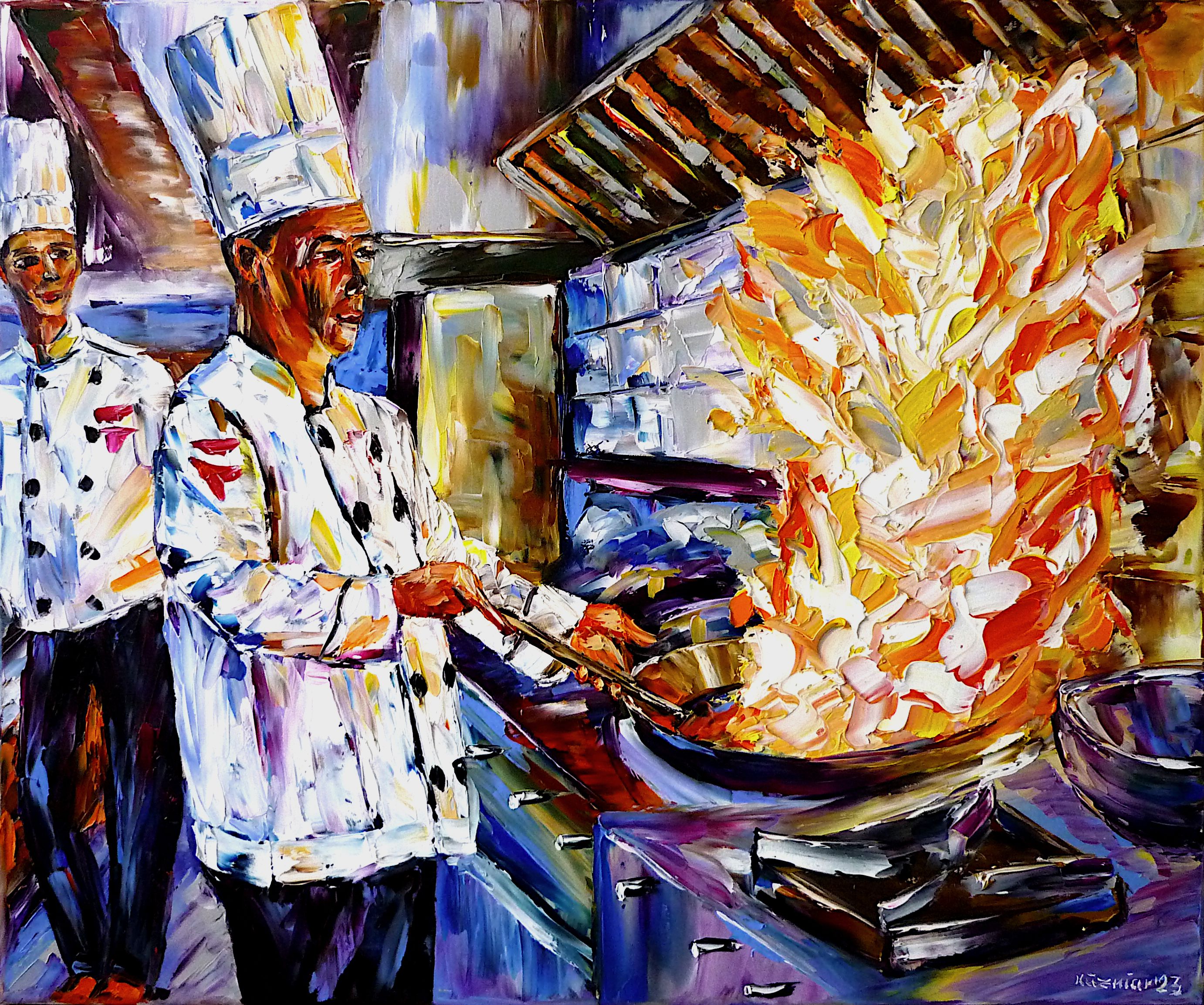 cook at the stove,cooking,in the kitchen,burning pan,cook with pan,pan flame,kitchen scenery,chef,cooking art,at the stove,fire flame,chef with chef hat,frying pan fire,at the fire,commercial kitchen,restaurant,at work,chef in white,white clothes,people painting,cooking love,cooking lovers,i love cooking,cook painting,cook picture,burning flame,genre painting,trainee in the kitchen,kitchen apprentice,learning,education,student,cookware,cooking pots,palette knife oil painting,modern art,figurative art,figurative painting,contemporary painting,abstract painting,lively colors,colorful painting,bright colors,impasto painting