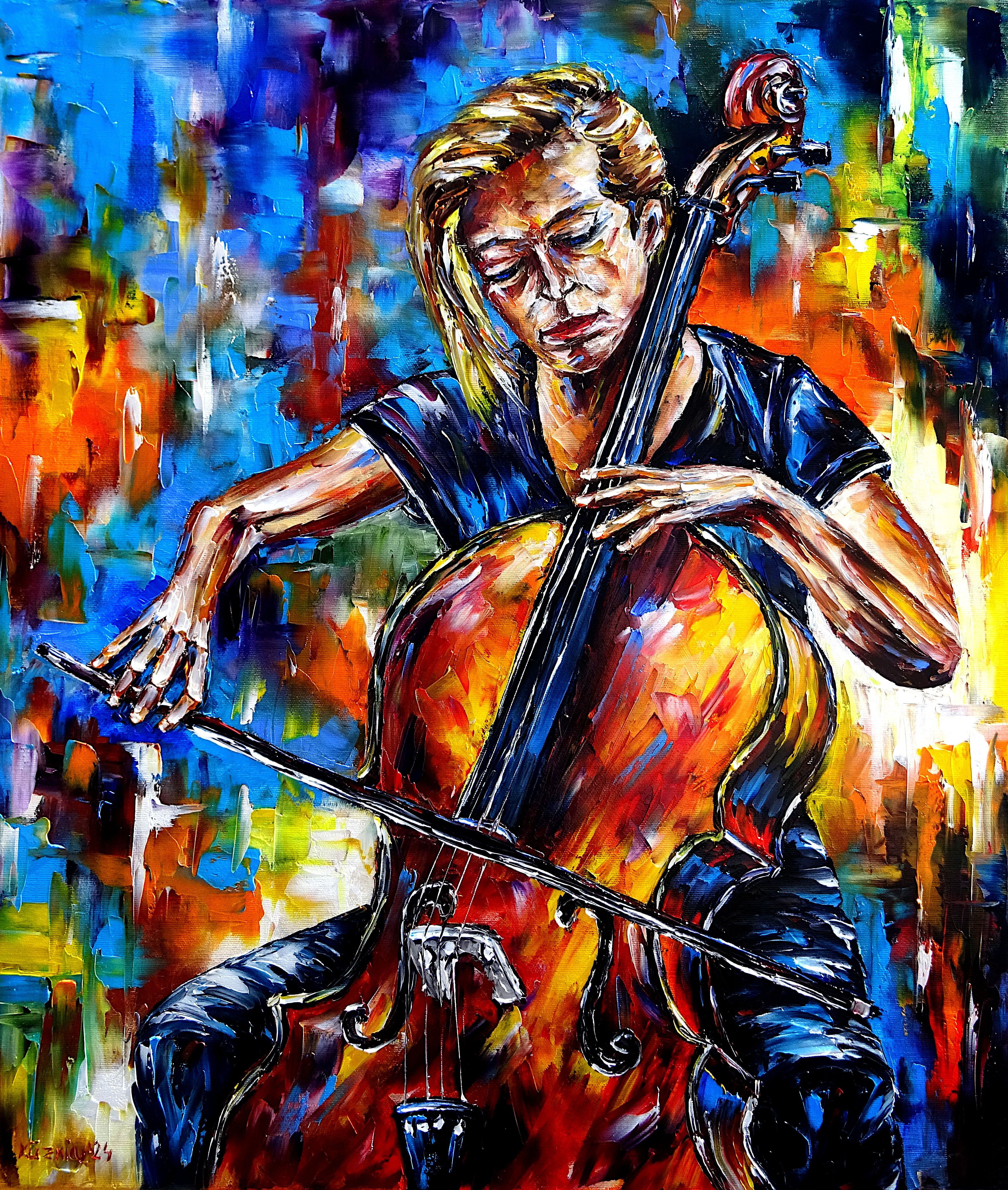 cello,cello player,female cello player,playing the cello,woman on the cello,woman playing the cello,she plays the cello,girl on the cello,girl playing the cello,music,musician,female musician,cello love,cello lover,classical music,classical,making music,playing music,immersed in music,music feel,feeling music,closed eyes,musical instrument,woman with cello,girl with cello,I love cello,palette knife oil painting,expressive art,expressive painting,expressionism,lively colors,colorful painting,impasto painting,figurative