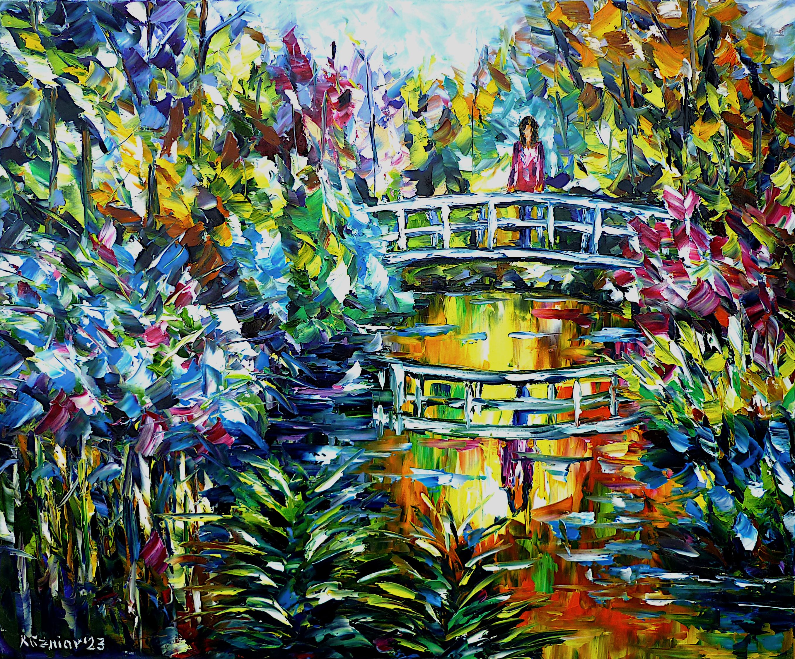 Garden painting,garden picture,garden art,garden bridge,garden pond,colorful garden,woman in the garden,garden flowers,bridge over pond,woman at the pond,colorful,colorful landscape,beautiful garden,wild garden,lively garden,garden landscape,summer garden,autumn garden,garden trees,garden abstract,garden impression,garden love,garden lover,romantic garden,garden romance,palette knife oil painting,modern art,figurative art,figurative painting,contemporary painting,abstract painting,lively colors,colorful painting,bright colors,impasto painting