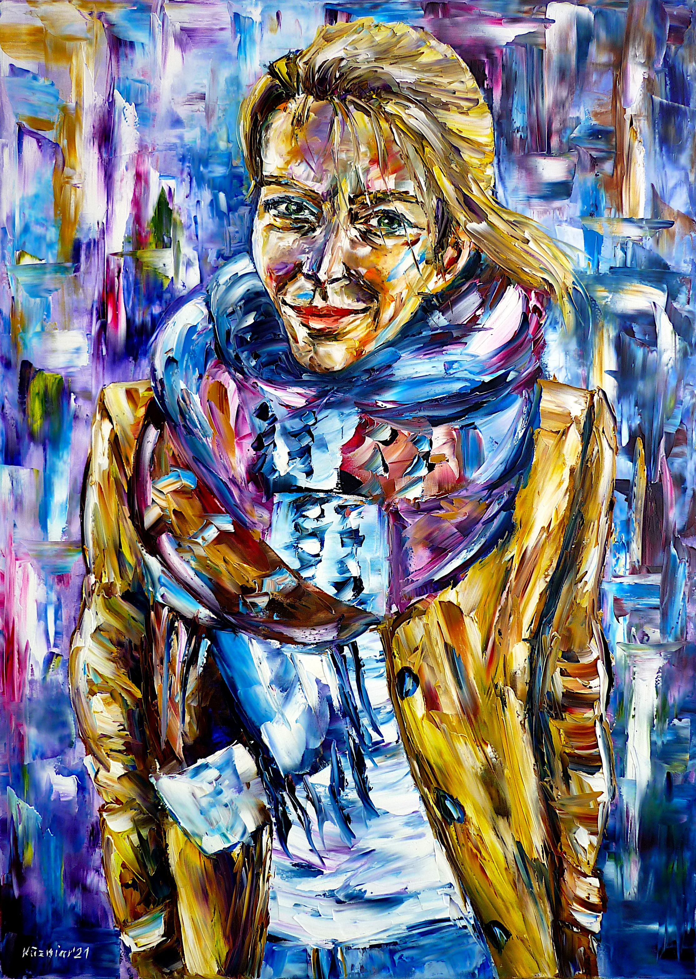 stephanie baczyk portrait, woman portrait, woman painting, woman in autumn, woman with scarf, blonde woman, tv presenter, television presenter, ard presenter, soccer presenter, german sports reporter, german sports journalist, abstract portrait, stephanie baczyk picture, stephanie baczyk painting, painting people, people abstract,woman abstract,smiling eyes,smiling mouth,joy,friendly picture,friendly painting,peace,peaceful picture,peaceful painting,palette knife oil painting,modernart,impressionism,expressionism,figurative,abstract painting,lively colours,colorful painting,bright colors,light reflections,impasto painting,living room art,living room picture,living room painting