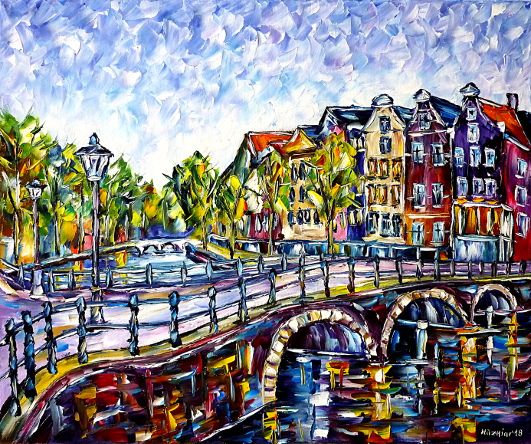 ömalerei,spachteltechnik,modern,Impressionismus,modernemalerei,holland,niederlande,stadtlandschaft,amstel,ij,fluss,brücke,gracht,kanal,kanaele,sommer