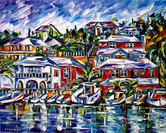 bermudaislands,boatsinharbor,bermudaharbor,sailingboats,fisherboats,boatpainting,hamilton,colorfulhouses,palms,bermudas,horseshorebay,greenwater,skyoverbermuda,whitehouses,bermudavillage,villagescenery,bermudacityscape,cityscenery,fishermanvillage,bluecolours,bluepainting,paletteknifeoilpainting,modernart,impressionism,artdeco,abstractpainting,livelycolours,colorfulpainting,brightcolors,lightreflections,impasto