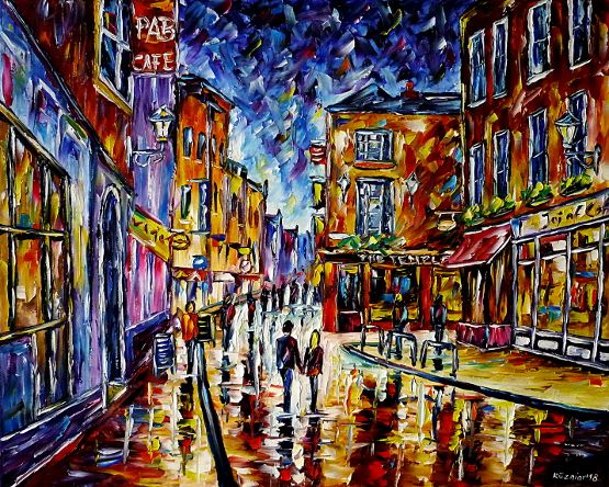 oilpainting,modern,impressionism,abstractpainting,cityscape,cityscene,irishpub,cafe,restaurant,barsindublin,templebar,lovecouple,walkinghandinhand,peoplepainting,eveningmood,lively,colorful