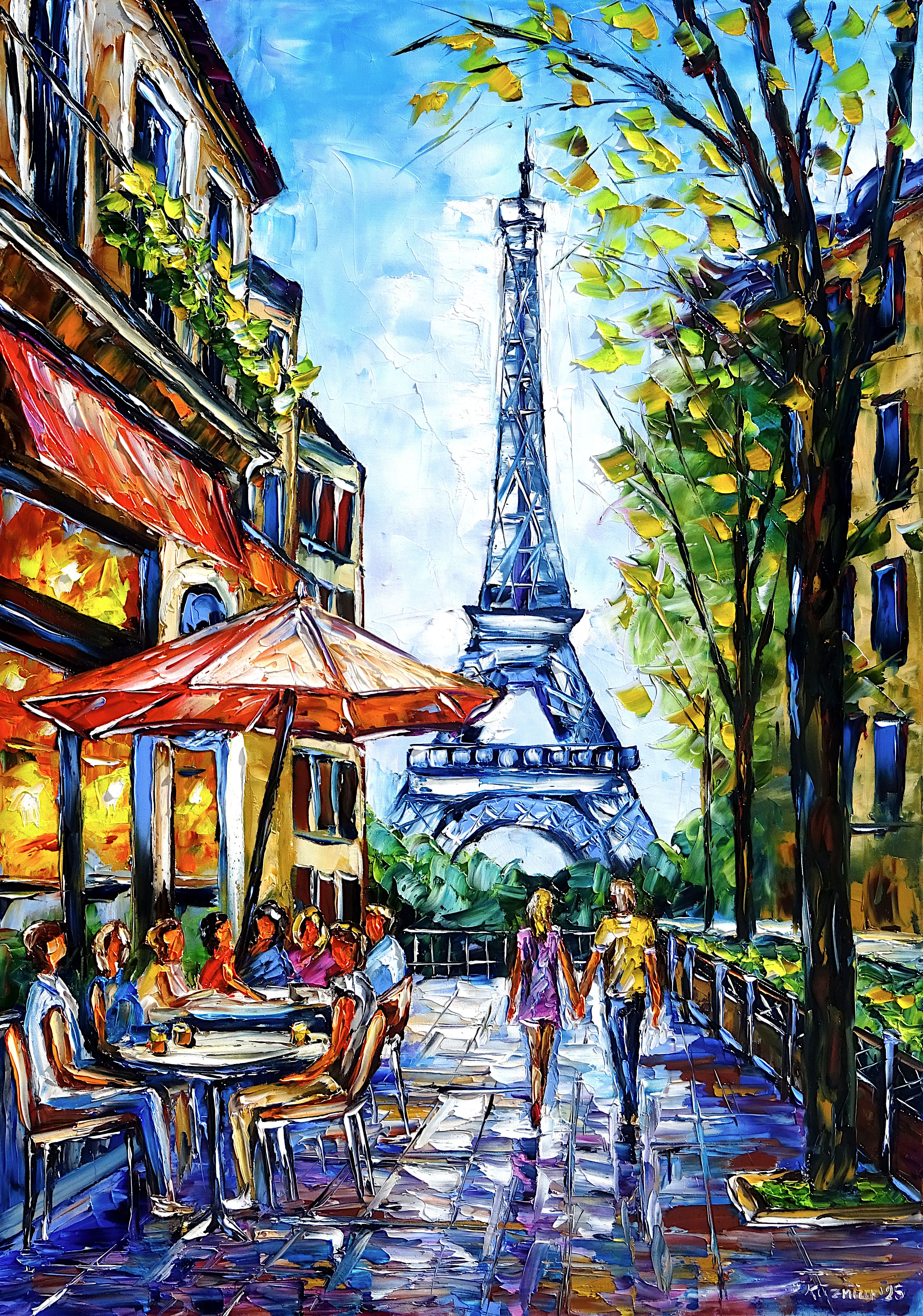 café,paris,frühling,eiffelturm,straßencafé,stadtleben,stimmung,cafészenerie,menschen,spazieren,schlendern,liebespaar,hand in hand,händchen halten,frühlingsstimmung,frühlingsfreude,schönes leben,paris gemälde,hochformat,farbenfroh,Spachtel Ölgemälde,ölmalerei,spachtelmalerei,spachteltechnik,expressive Kunst,impressionismus,expressive Malerei,lebendige Farben,bunte Malerei,impasto Malerei