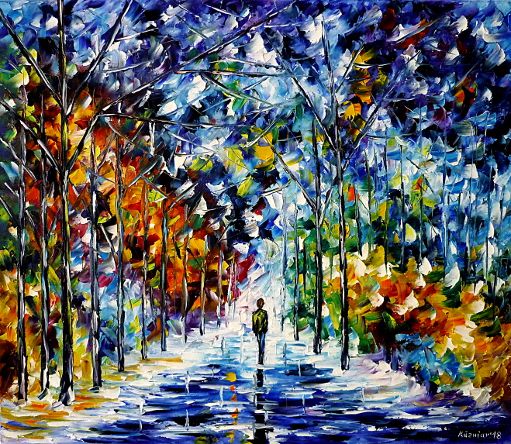 oilpainting,modern,impressionism,abstractpainting,winterpainting,wintermood,winterlandscape,man,walkingalone,parkinwinter,snow,treesinwinter,ice,icy,cold,lively,colorful