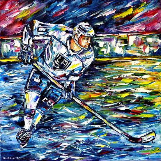 oilpainting,modern,impressionism,sports,LosAngelesKings,puck,bodycheck,nhl,ahl,del,bundesliga,team,sport,goalkeeper,striker,defender,protectiveequipment