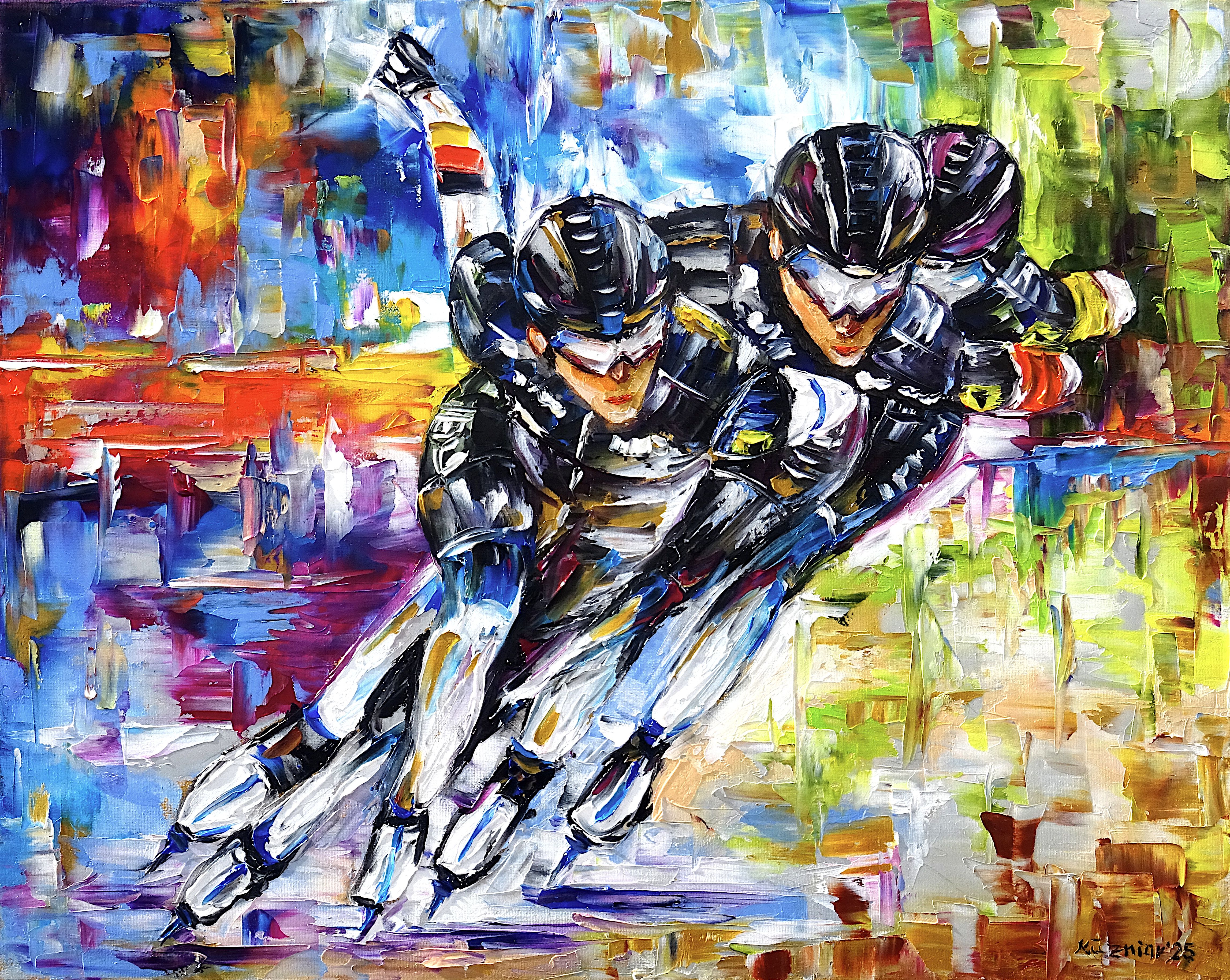 eisschnellläuferinnen,eisschnelllauf,wintersport,damen,frauen,team deutschland,deutsches team,lea sophie scholz,Michelle Uhrig,Josephine Heimerl,wettkampf,schlittschuhe,schlittschuhläufer,sportler,sportler gemälde,sport gemälde,sportkunst,lebendigkeit,Spachtel Ölgemälde,ölmalerei,spachtelmalerei,spachteltechnik,expressive Kunst,impressionismus,expressive Malerei,lebendige Farben,bunte Malerei,impasto Malerei