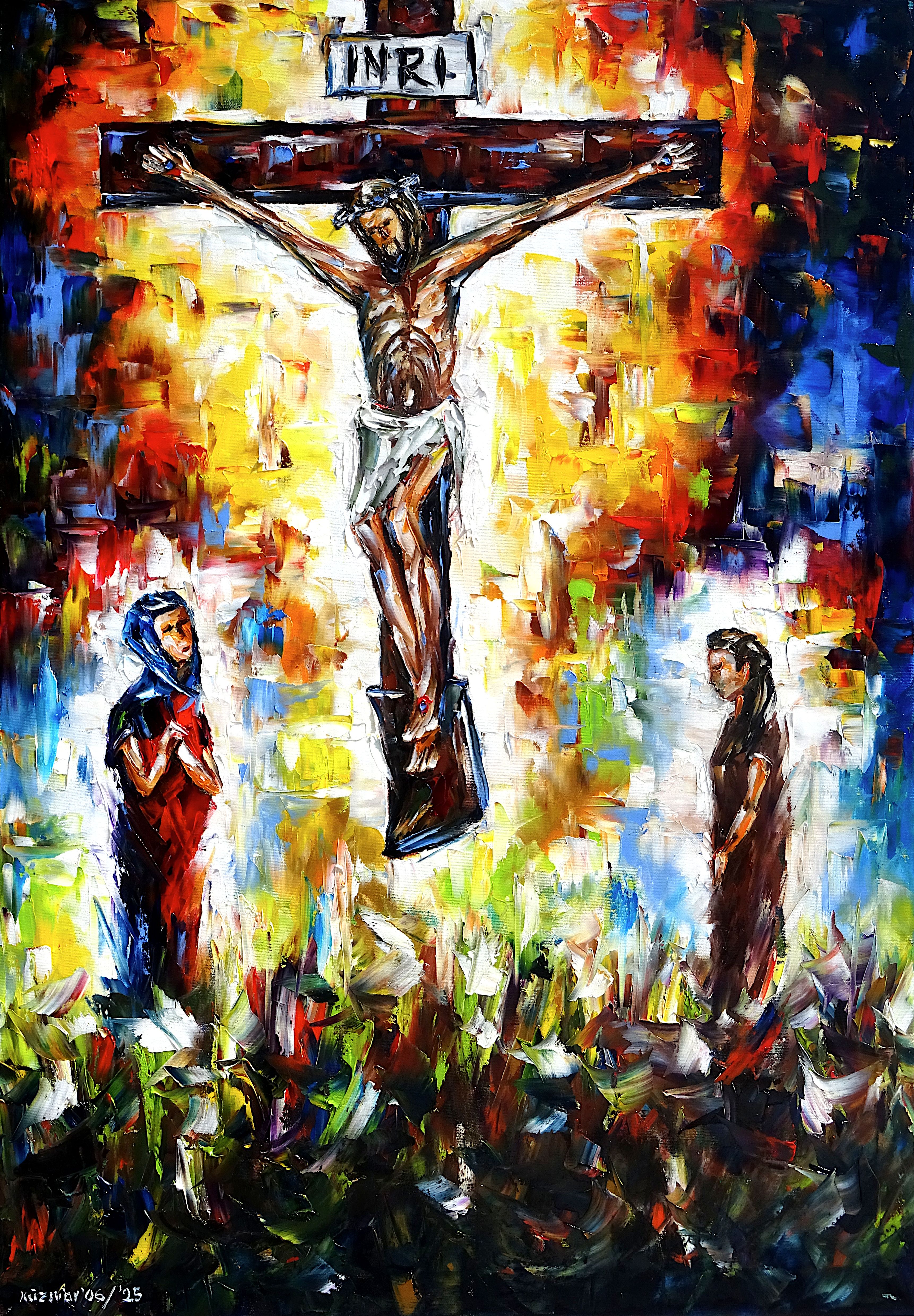 jusus,jesus christus,am kreuz,kreuzigung,INRI,religiös,dornenkrone,jesu mutter,maria magdalena,jesus modern,jesus abstrakt,jesus impressionismus,karfreitag,ostern,tod jesus,jesus sterbend,traurg,traurigkeit,betende hände,Spachtel Ölgemälde,ölmalerei,spachtelmalerei,spachteltechnik,expressive Kunst,impressionismus,expressive Malerei,lebendige Farben,bunte Malerei,impasto Malerei