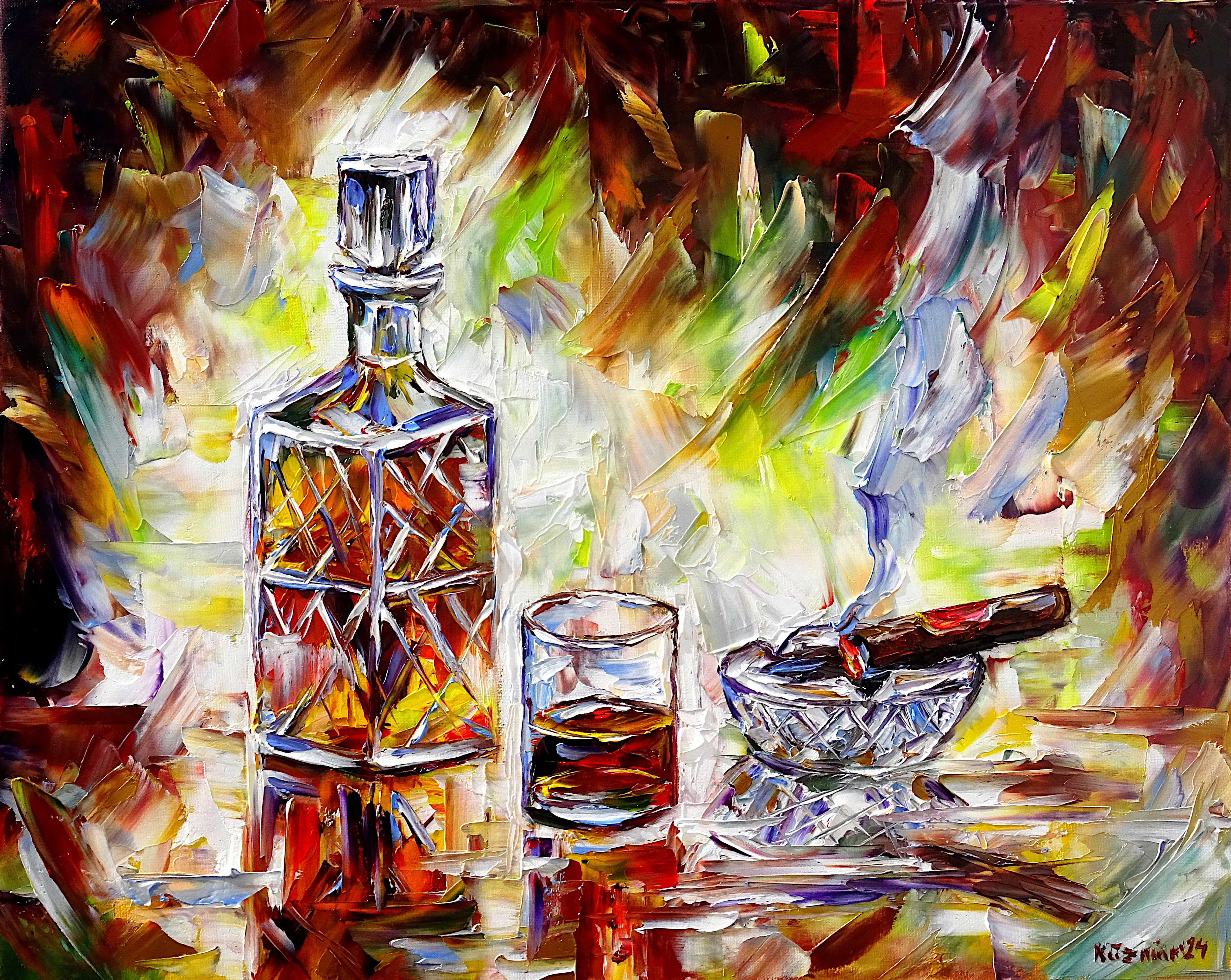 whiskey,whisky,cognac,karaffe,kristall,glas,aschenbecher,zigarre,trinken,rauchen,nach der arbeit,arbeit ist getan,sich erholen,relexen,abend genießen,rauchende zigarre,modernes stillleben,alkohol,braune farben,Spachtel Ölgemälde,ölmalerei,spachtelmalerei,spachteltechnik,
expressive Kunst,expressionismus,expressive Malerei,lebendige Farben,bunte Malerei,impasto Malerei,figurativ