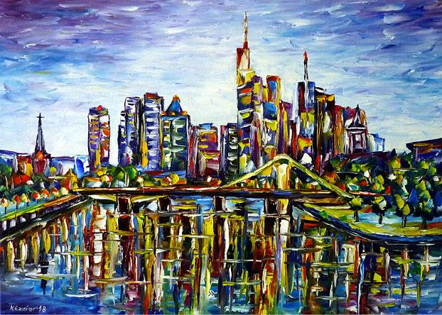 oilpainting, impressionism, frankfurtammain,cityscape,citypainting,skylinepainting,skypainting,bridge,water