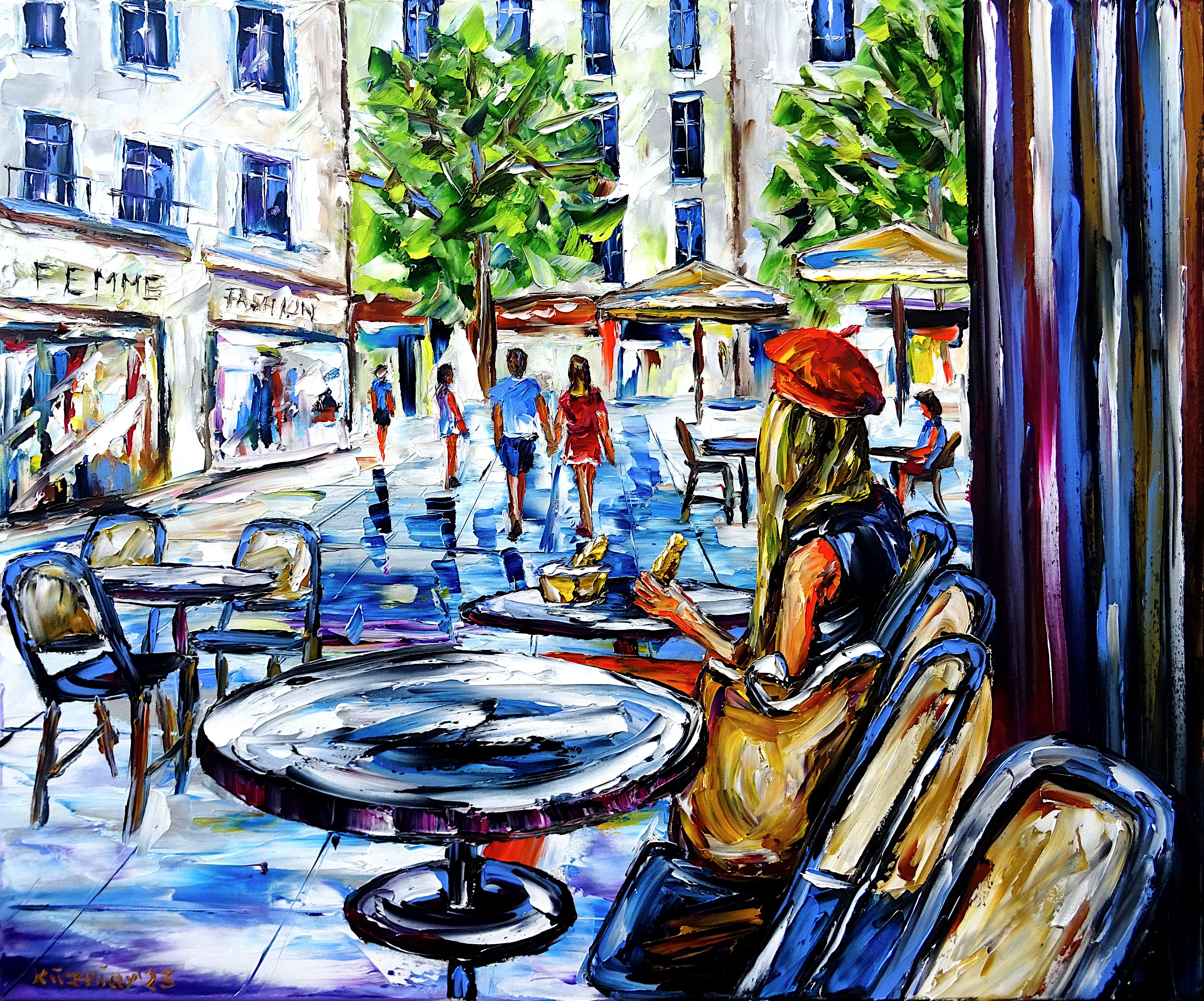 woman in café,french woman in street café,woman with beret,french woman with beret,red beret,café scene,provence,summer in provence,summer in southern france,woman with croissant,french woman with croissant,town in provence,summer picture,summer painting,sitting in street cafe,blonde french woman,beautiful france,beautiful provence,cafe picture,cafe painting,summer feelings,summer colors,colors of provence,city scenery,french life,beautiful french woman,palette knife oil painting,modern art,figurative art,figurative painting,contemporary painting,abstract painting,lively colors,colorful painting,bright colors,impasto painting