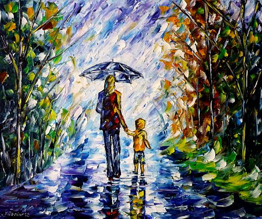 oilpainting,modern,impressionism,abstractpainting,motherandchild,motherandson,motheranddaughter,walkingintherain,landscapepainting,womanintherain,girlintherain,womanwithumbrella,girlwithumbrella,autumnlandscape,cloudysky,peoplepainting,lively,colorful