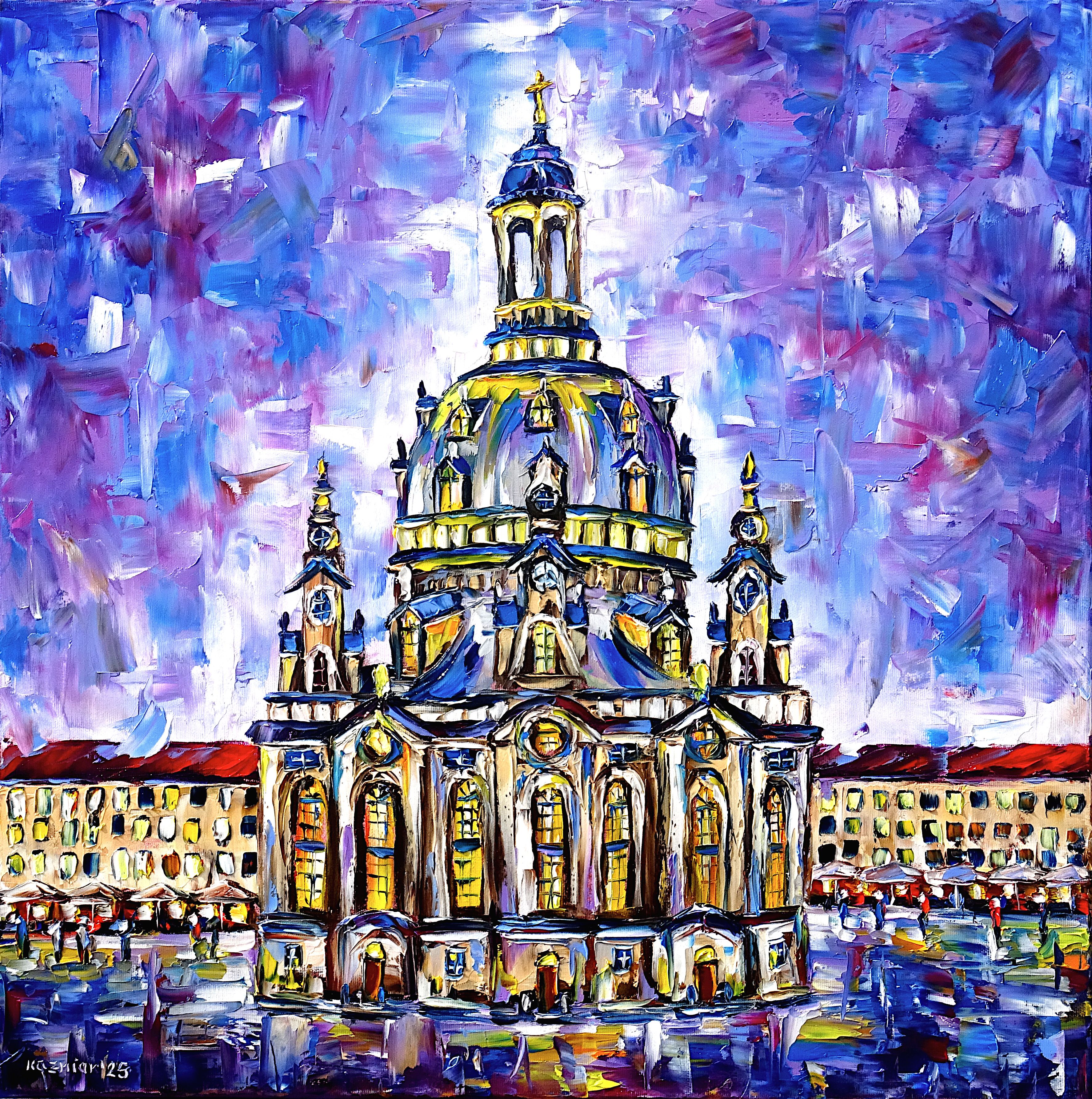 Frauenkirche,Dresden,am abend,sonnenuntergang,abendlicht,abendstimmung,abenddämmerung,architektur,dom,kathedrale,kirche,deutschland,geschichte,deutsche kultur,schönes deutschland,kirchengemälde,abendhimmel,farbenfroh,bunt,blau,violett,gelb,quadratisch,quadratisches gemälde,Spachtel Ölgemälde,ölmalerei,spachtelmalerei,spachteltechnik,expressive Kunst,impressionismus,expressive Malerei,lebendige Farben,bunte Malerei,impasto Malerei