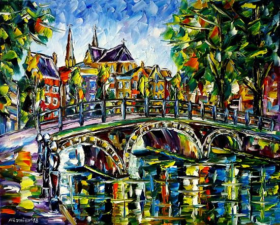 ömalerei,spachteltechnik,modern,Impressionismus,modernemalerei,holland,niederlande,stadtlandschaft,amstel,ij,fluss,brücke,gracht,grachten,gruen,landschaft,kanal,kanaele,sommer,baeume