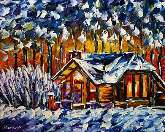 spachteltechnik, ölmalerei, impressionismus, winterlandschaft,schnee,winteridylle