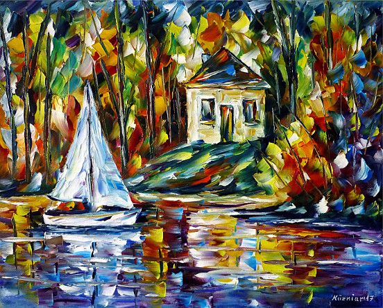 oilpainting, impressionism, autumnlandscape, sailboat, seascape, boat, autumnforest
