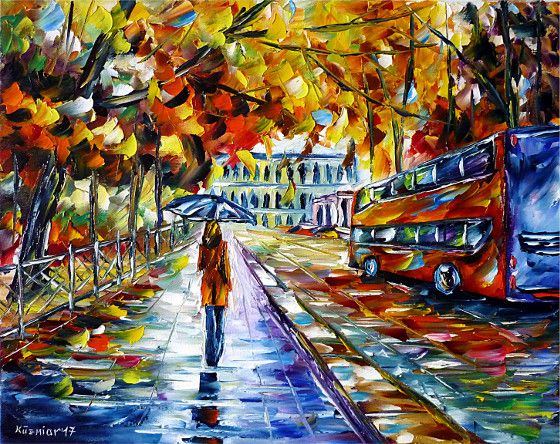 oilpainting, impressionism, autumn, rain, womanwithumbrella, russia, walking, cityscape