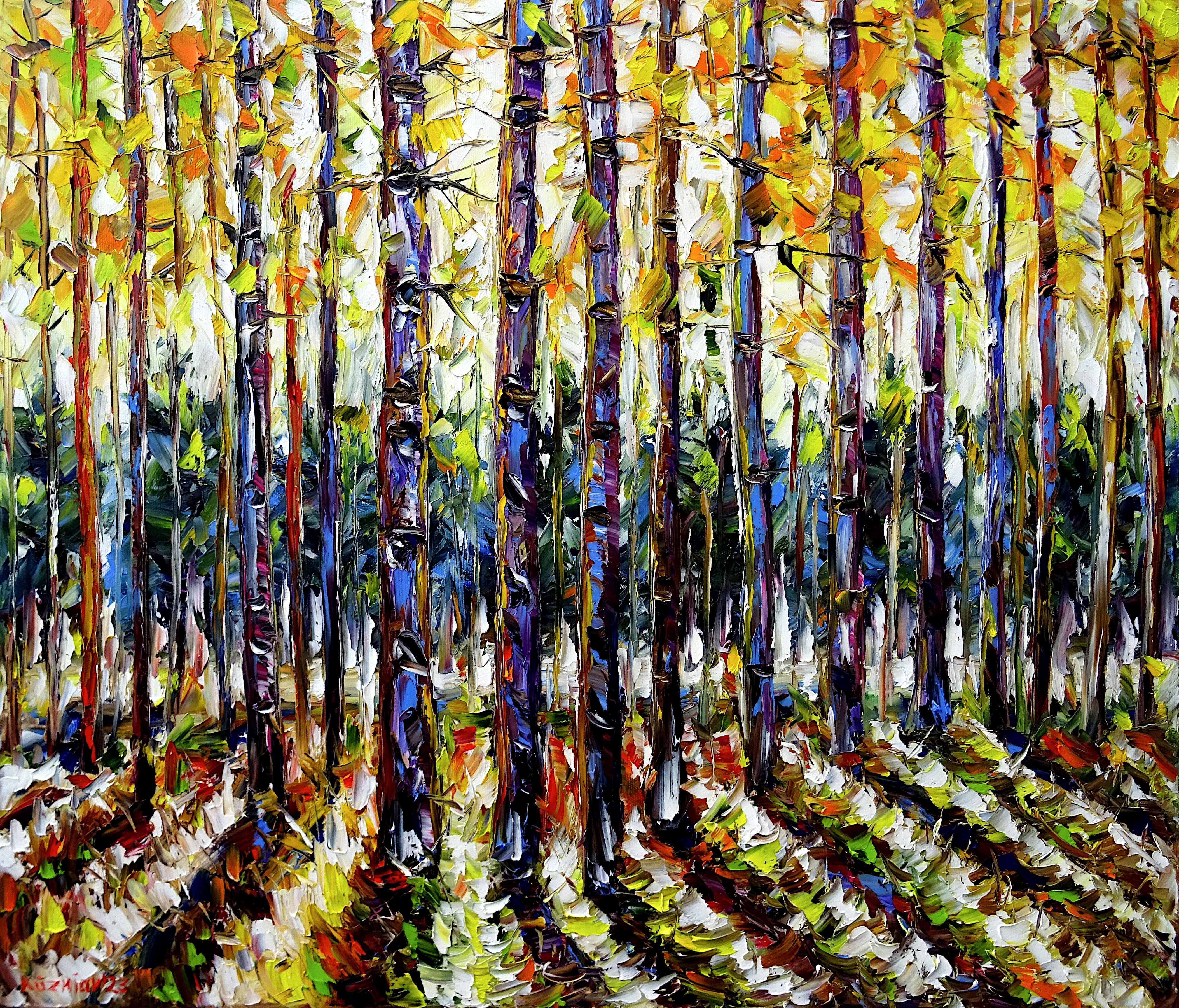 aspen forest,aspen trees,aspens in autumn,yellow aspens,autumn light,yellow colors,forest trees,tall aspens,forest abstract,sunny autumn day,light through trees,aspen landscape,forest in autumn,autumn landscape,autumn forest,autumn trees,autumn impression,autumn painting,autumn art,autumn picture,autumn abstract,autumn colors,yellow autumn,autumn beauty,landscape painting,forest landscape,forest painting,beautiful autumn,autumn love,palette knife oil painting,modern art,figurative art,figurative painting,contemporary painting,abstract painting,lively colors,colorful painting,bright colors,impasto painting