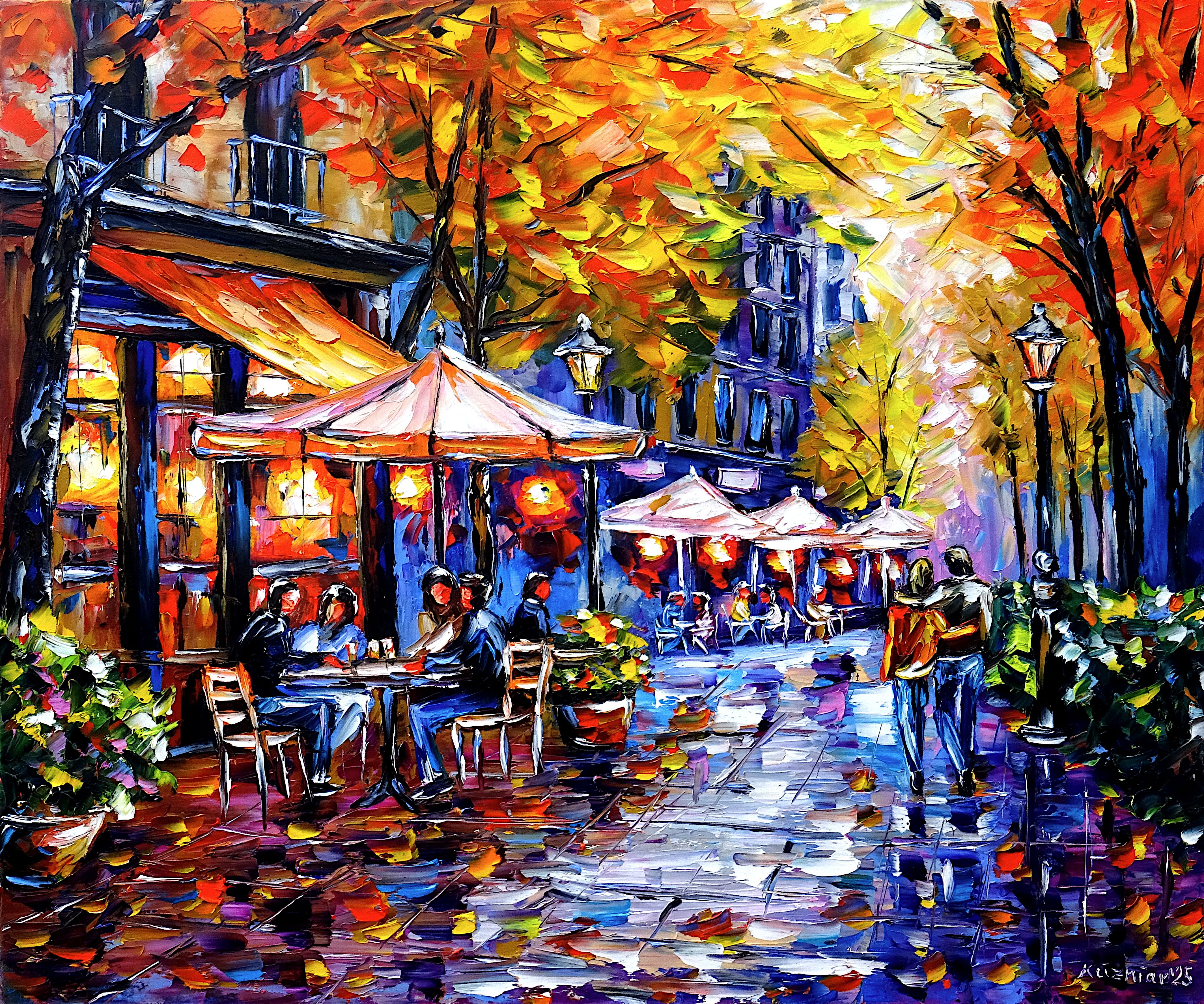 café,straßencafé,herbstcafé,cafélicht,leuchtend,strahlend,stadtleben,stimmung,cafészenerie,menschen,spazieren,schlendern,schönes leben,herbst,herbststimmung,herbstbäume,herbstfarben,herbstfreude,herbstlaub,herbststadt,herbstgemälde,stadtlandschaft,stadt gemälde,abenddämmerung,sonnenuntergang,trinken,feiern,spaß haben,freude,farbenfroh,Spachtel Ölgemälde,ölmalerei,spachtelmalerei,spachteltechnik,expressive Kunst,impressionismus,expressive Malerei,lebendige Farben,bunte Malerei,impasto Malerei