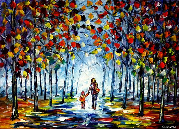 oilpainting,modern,impressionism,abstractpainting,landscapepainting,walkinginthepark,handinhand,autumnpark,autumnlandscape,motherwithchild,womanwithchild,autumnmist,autumnfog,lively,colorful