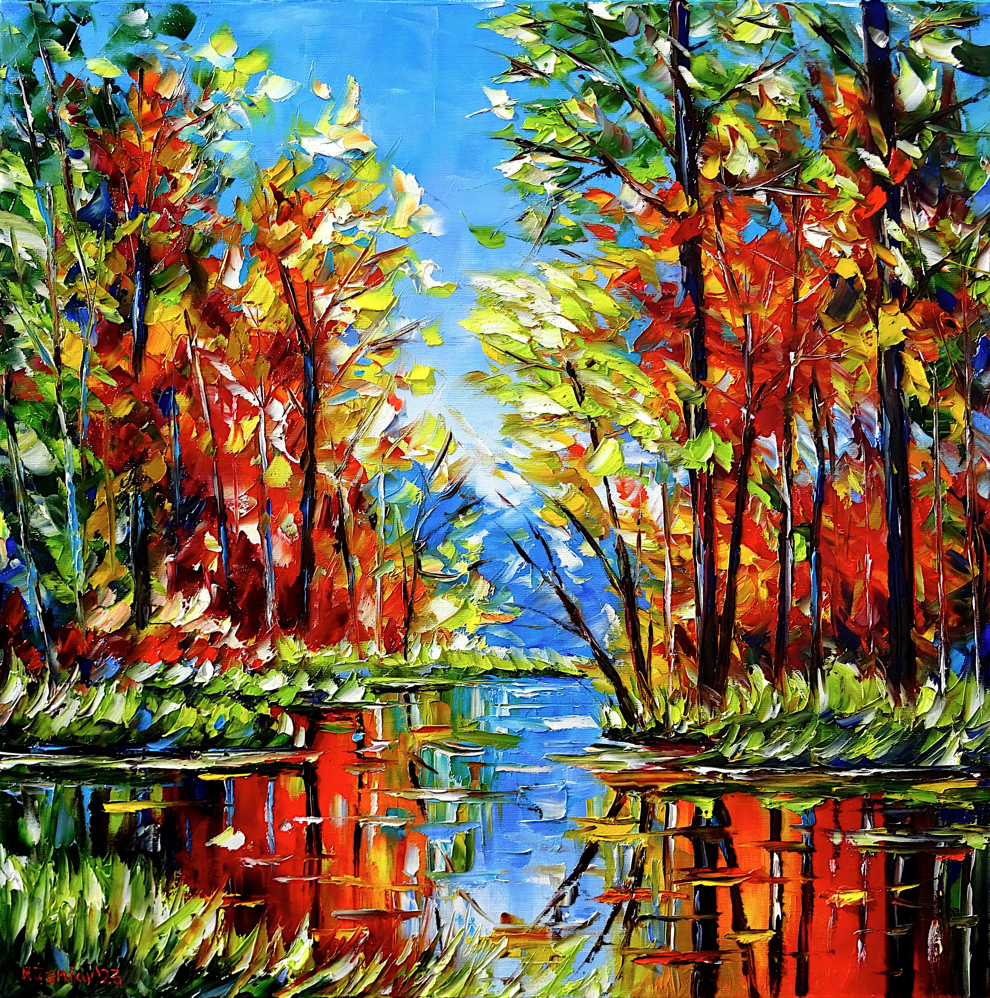 Autumn landscape,autumn forest,autumn trees,pond in autumn,pond picture,pond painting,colorful autumn,red autumn,autumn impression,autumn painting,autumn art,autumn picture,autumn abstract,red and green colors,lively autumn,autumn colors,forest pond,pond in the forest,autumn beauty,autumn leaves,autumn romance,romantic autumn,landscape painting,forest landscape,forest painting,beautiful autumn,autumn love,square format,square picture,palette knife oil painting,modern art,figurative art,figurative painting,contemporary painting,abstract painting,lively colors,colorful painting,bright colors,impasto painting