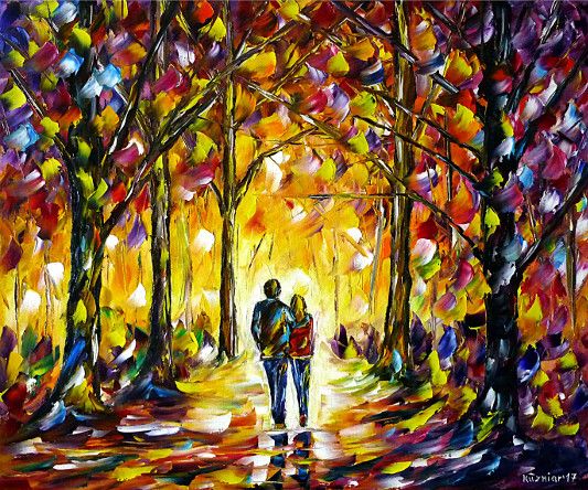 oilpainting, impressionism, autumn, autumnlandscape, lovecouple, handinhand, walking