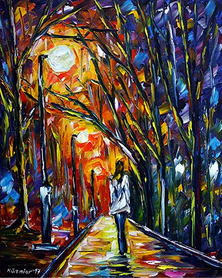 spachteltechnik, ölmalerei, impressionismus, stadtlandschaft,frau,spazieren,sommernacht,laterne