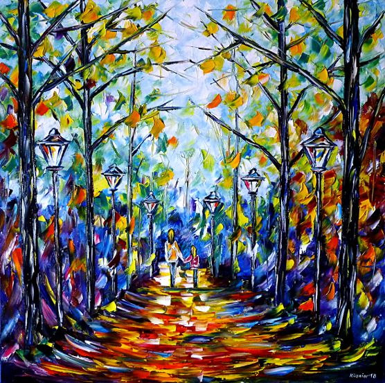 oilpainting,modern,impressionism,motherwithdaughterinthepark,motherwithchildinthepark,motherlove,womanwithchild,walking,handinhand,landscapepainting,autumnpainting,summer,autumn,autumnmood,morningmood,autumnday,lantern,lively,colorful