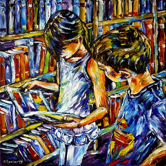 kindermalen,kindermalerei,schulkinder,lesendekinder,kinderbeimlesen,buecherladen,lesendesmaedchen,maedchenbeimlesen,buecherregal,menschenmalerei,inderschule,bibliothek,stadtbibliothek,stadtbuecherei,ömalerei,spachteltechnik,Spachtelmalerei,modern,Impressionismus,modernemalerei,artdeco,abstraktemalerei,3dbilder,3dgemaelde,3dkunstwerke,bunt,lebendig,farbenfroh,lebendigefarben