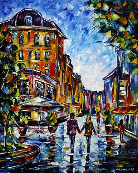 oilpainting,impressionism, lovecouple, handinhand,walking,cityscape,cityscene