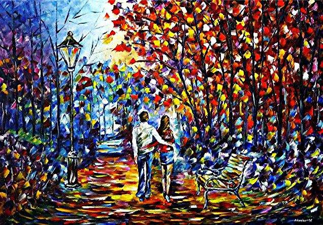 spachteltechnik, ölmalerei, impressionismus, herbstlandschaft,herbststimmung,herbstpark,spazieren,handinhand,liebe,herbstliebe,laterne