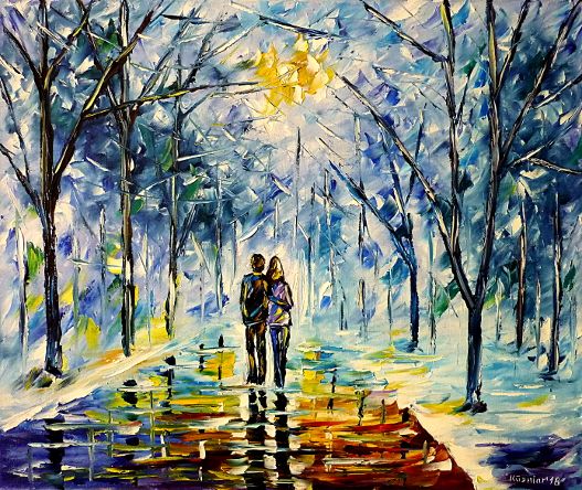 oilpainting,modern,impressionism,abstractpainting,winterpainting,wintermood,winterlandscape,lovers,walkinghandinhand,wintersun,winterpark,parkinwinter,snow,ice,icy,cold,lively,colorful
