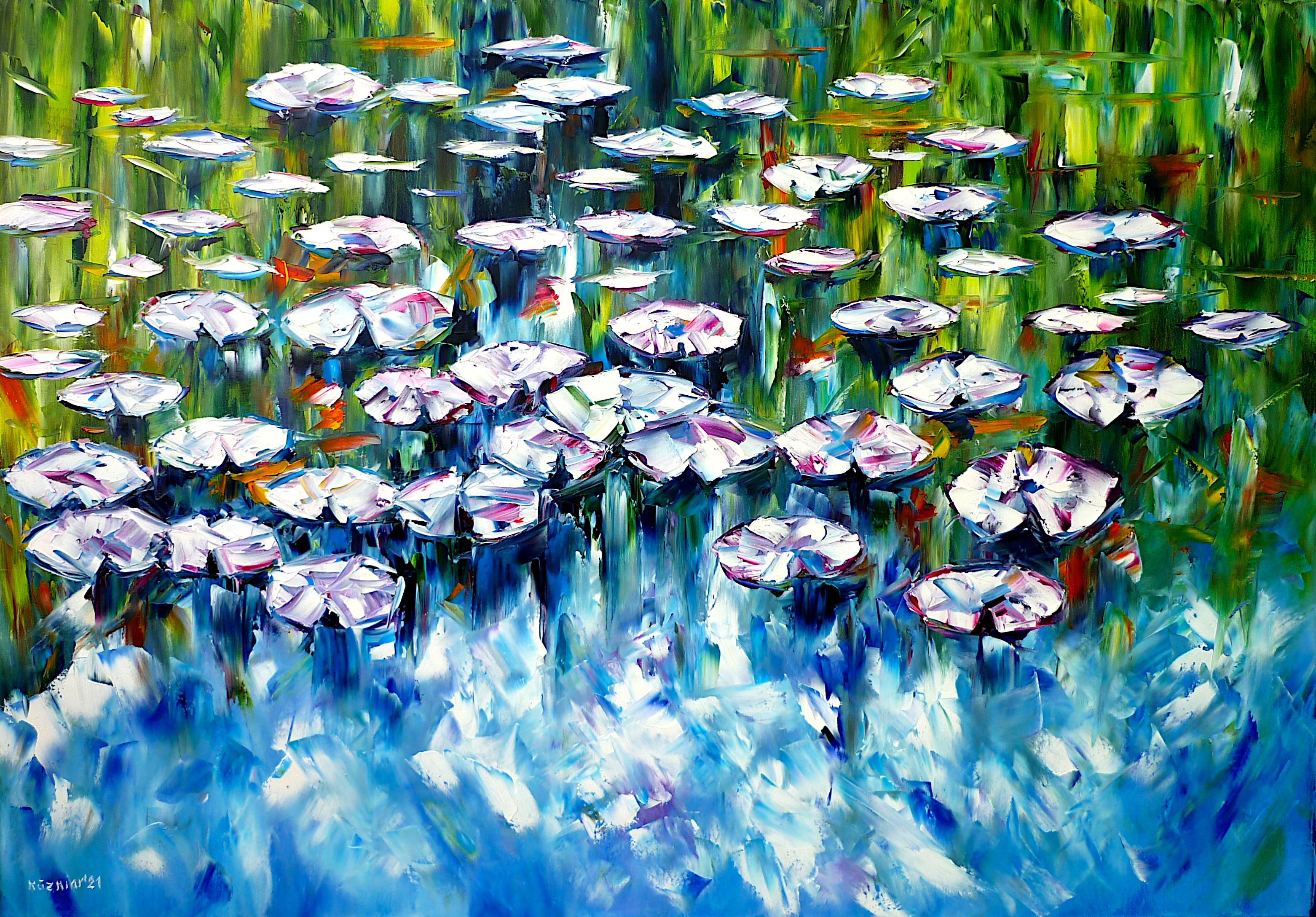 teichgemälde,lilien im wasser,wasserblumen,claude monet,gartenteich,teich im garten,wasserlilien,lotusblumen,gartengemälde,seerosen,rosenteich,lotosblumen,himmelspiegelung,wolkenspiegelungen im wasser,blumen im wasser,blumen im teich,blumenteich,gartenmalerei,blaugrünes bild,blaugrünes gemälde,freundliches bild,freundliches gemälde,friede,friedliches bild,friedliches gemälde,ölmalerei,spachteltechnik,Spachtelmalerei,modern,Impressionismus,moderne malerei,expressionismus,figurativ,abstrakte malerei,lebendige farben,buntes gemälde,lebendiges bild,farbenfrohes gemälde,bunte farben,leuchtende farben,lichtreflektionen,lichtspiegelungen,impastomalerei,wohnzimmerkunst,wohnzimmerbild,wohnzimmergemälde,wohnzimmermalerei