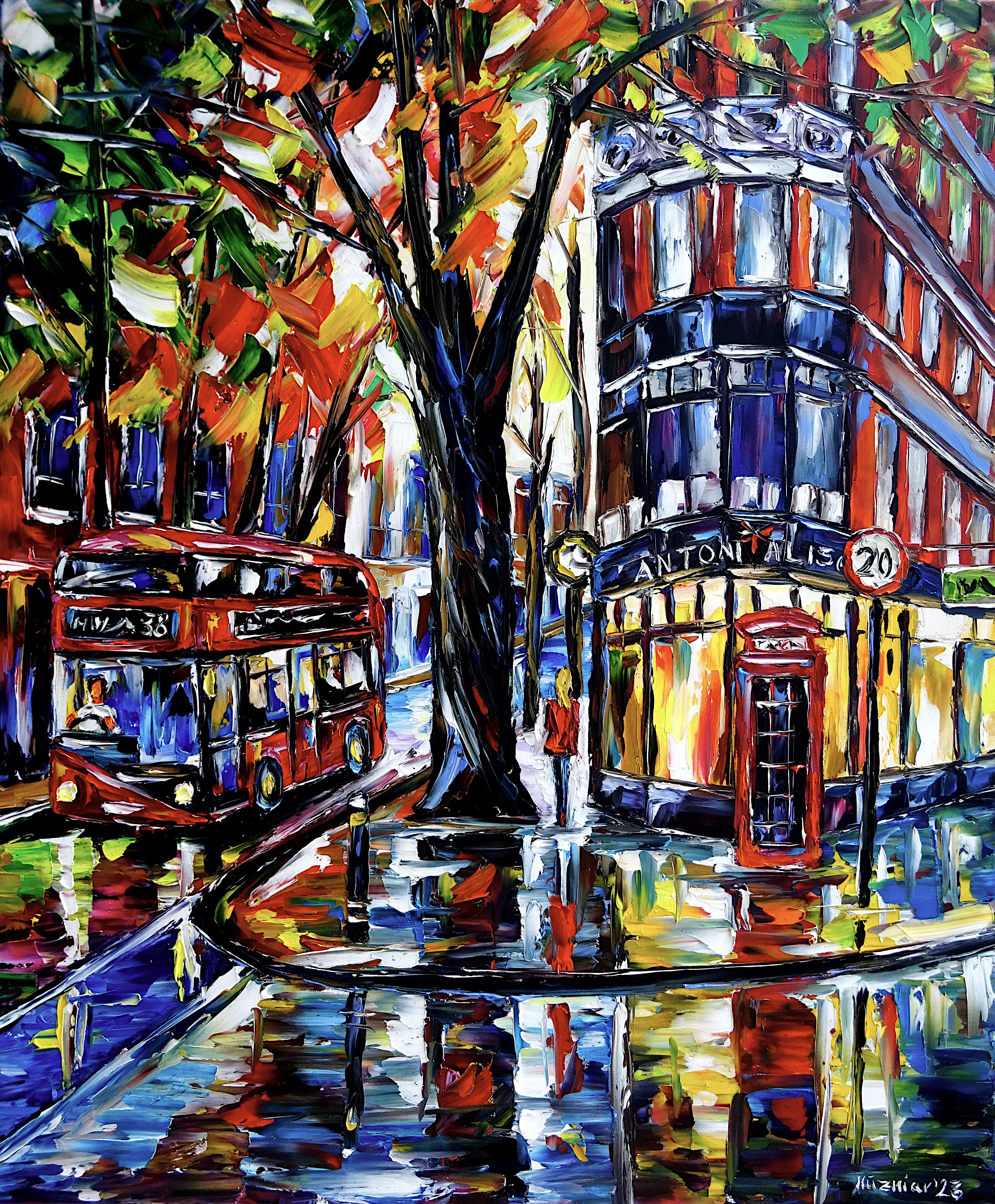 autumn in london,london city scene,london city painting,london bus,double-decker bus,london bus route 38,Piccadilly Circus,london autumn impression,london phone booth,red phone box,city in autumn,lonely woman walking,on the corner,Antoni and Alison,43 Rosebery Ave,London EC1R 4SH,beautiful london,autumn mood,autumn trees,london love,london lovers,i love london,london colorful,london abstract,london's beauty,london boutique,autumn colors,lively autumn,colorful autumn,autumn beauty,autumn painting,colorful picture,colorful painting,palette knife oil painting,modern art,impressionism,abstract painting,lively colors,colorful painting,bright colors,light reflections,impasto painting,figurative