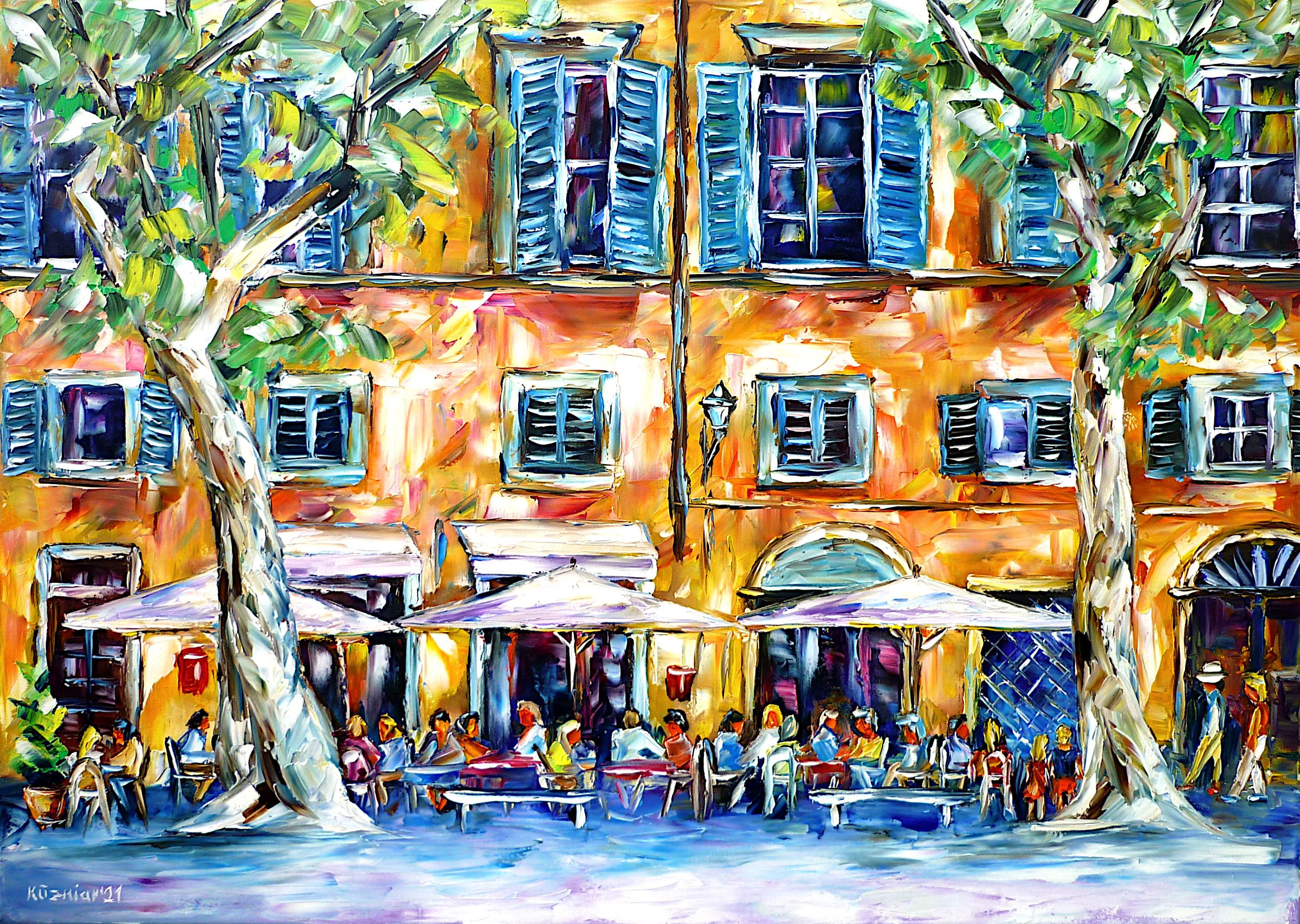 people in the cafe,lucca in summer,sitting in the cafe,sitting outside,people in summer,enjoying summer,cafe in lucca,lucca caffe,lucca gelateria,lucca bar,lucca cityscape,lucca city scenery,beautiful tuscany,tuscany romance,holm oaks trees,tuscany picture,lucca painting,tuscany love,summer painting,italy lovers,summer feelings,summer colors,tuscany sun,sunlight,summer in italy,summer in tuscany,joy,friendly picture,friendly painting,peace,peaceful picture,peaceful painting,palette knife oil painting,modernart,impressionism,expressionism,figurative,abstract painting,lively colours,colorful painting,bright colors,light reflections,impasto painting,living room art,living room picture,living room painting