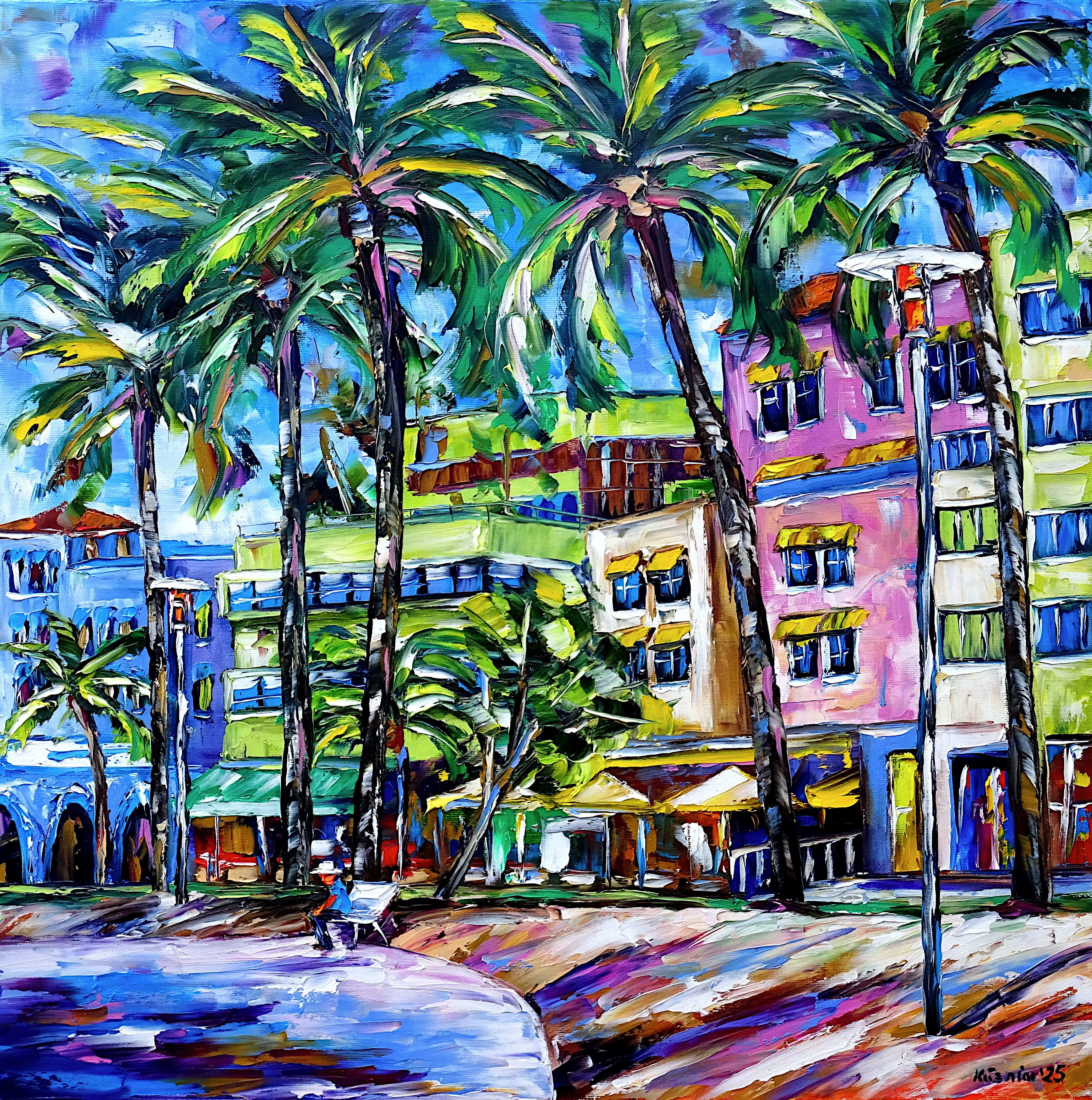 miami beach,stadtlandschaft,palmen,florida,älterer mann,bank,sitzen,sommer,urlaub,sommergefühle,sommergemälde,sommerzeit,pastelltöne,quadratisches format,quadratisches gemälde,stille,friedlich,Spachtel Ölgemälde,ölmalerei,spachtelmalerei,spachteltechnik,expressive Kunst,expressionismus,expressive Malerei,lebendige Farben,bunte Malerei,impasto Malerei,figurativ